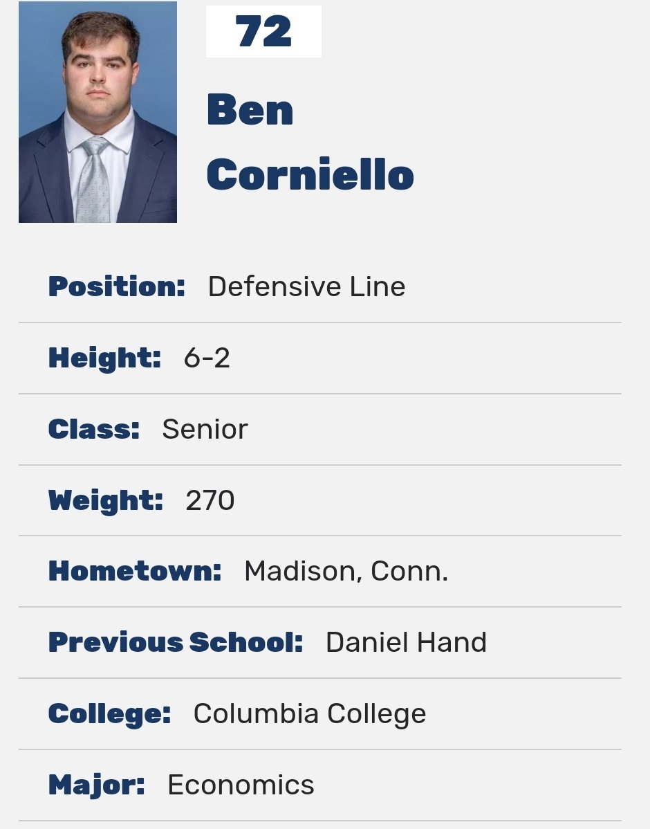 FarrellPortal (@farrellportal) on Twitter photo Columbia DL Ben Corniello entered the portal as a grad transfer; he totaled 73 tackles, 15 TFL and 7 sacks during his time with the Lions <a href="/BCorniello/">Ben Corniello</a> Columbia DL Ben Corniello entered the portal as a grad transfer; he totaled 73 tackles, 15 TFL and 7 sacks during his time with the Lions <a href="/BCorniello/">Ben Corniello</a>