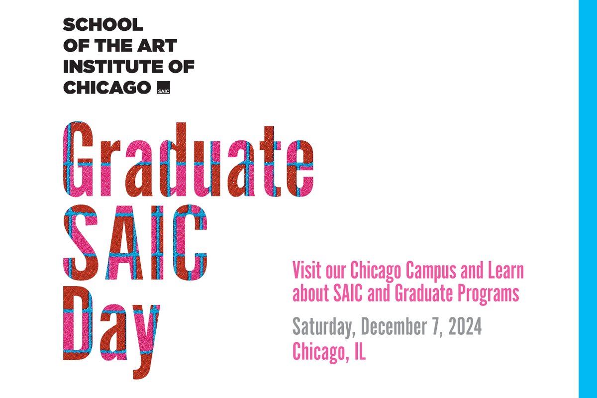Interested in an SAIC Graduate degree? Join us for Graduate SAIC Day in Chicago on 12/7 to get feedback on your portfolio, learn more about our curricula, facilities, faculty, and application procedures, and tour the SAIC campus. RSVP at saic.edu/grevents.