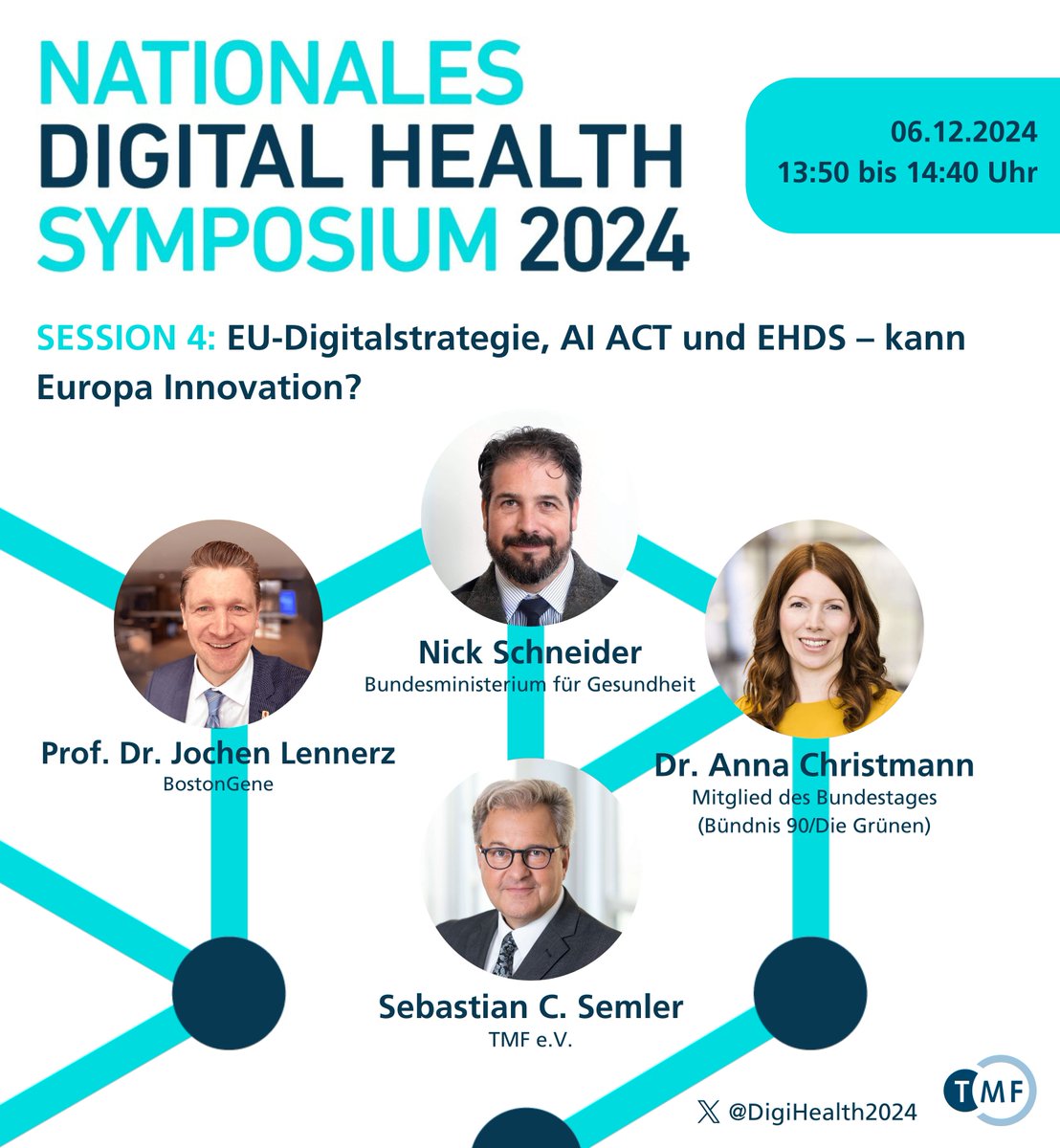 TMF_eV's tweet photo. Die digitale Zukunft Europas steht im Fokus von Session IV des Digital Health Symposiums #ndhs24: „EU-Digitalstrategie, AI ACT und EHDS – kann Europa  Innovation?“, mit @seseberlin, @annachristmann, Joe Lennerz und Nick Schneider. https://t.co/0YEoGwPsTp
