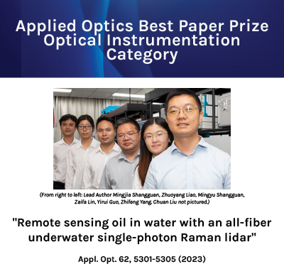 OpticaPubsGroup's tweet photo. The winning paper in the Optical Instrumentation category: Remote sensing oil in water with an all-fiber underwater single-photon Raman lidar https://t.co/2328voNHiv #Lasers #OpticalProperties https://t.co/ooUDDgmi3P