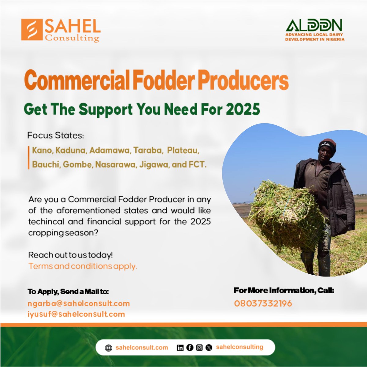 sahelconsulting's tweet photo. Calling all Commercial Fodder Producers in our focus states! ๐พ
As the 2025 cropping season nears, seize this opportunity to make an impact!
๐ฉ Send A Mail To:
Ngarba@sahelconsult.com
Iyusuf@sahelconsult.com
Know a producer? Share this with them!
#SahelConsulting #ALDDN https://t.co/lWMtXgBnFb
