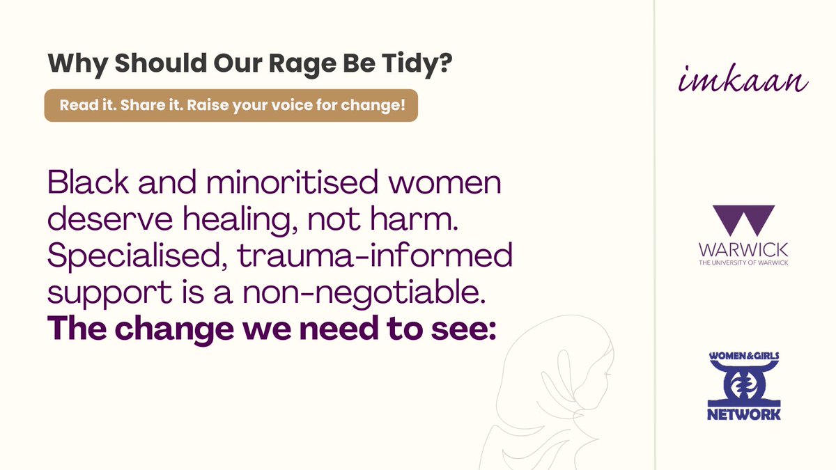 Imkaan (@imkaan) on Twitter photo Today, we released ‘Why Should Our Rage be Tidy?’ w. <a href="/WomenandGirlsN/">Women Girls Network</a> + <a href="/uniofwarwick/">University of Warwick</a> - exposing the mental health impact of violence-abuse on Black & minoritised women. Here are some of our key recommendations for policymakers, for a more inclusive trauma-informed system.🧵 ⬇️ Today, we released ‘Why Should Our Rage be Tidy?’ w. <a href="/WomenandGirlsN/">Women Girls Network</a> + <a href="/uniofwarwick/">University of Warwick</a> - exposing the mental health impact of violence-abuse on Black & minoritised women. Here are some of our key recommendations for policymakers, for a more inclusive trauma-informed system.🧵 ⬇️
