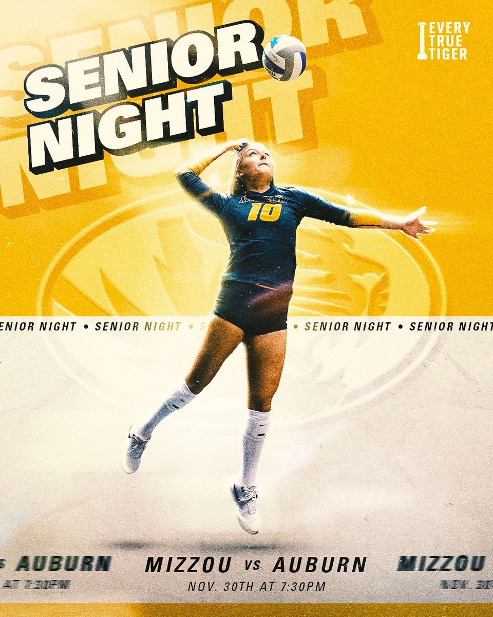 Senior Night, let’s make this a game to remember! Auburn’s not ready for the REAL Tiger Nation.🏐🔥
#MIZ #ETTB @everytruetiger @mizzouvb
📅 : November 30
🕚: 7:30 pm
🏟️: Hearnes Center