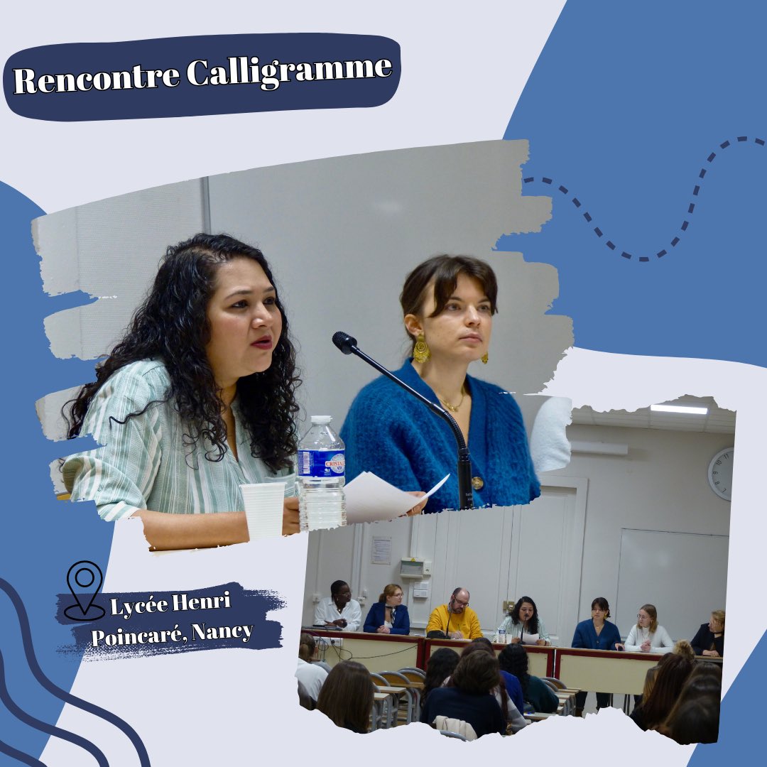 Ariel_ul_'s tweet photo. [RETOUR SUR 📸]
Jeudi 14/11 s’est tenue l’entrevue littéraire Calligramme au lycée Henri Poincaré. Ce fut l’occasion pour Puja de répondre aux questions des étudiants de Khâgne qui ont animé la séance.
#pujachangoiwala #ariel #nancy https://t.co/DUl5cbGux4