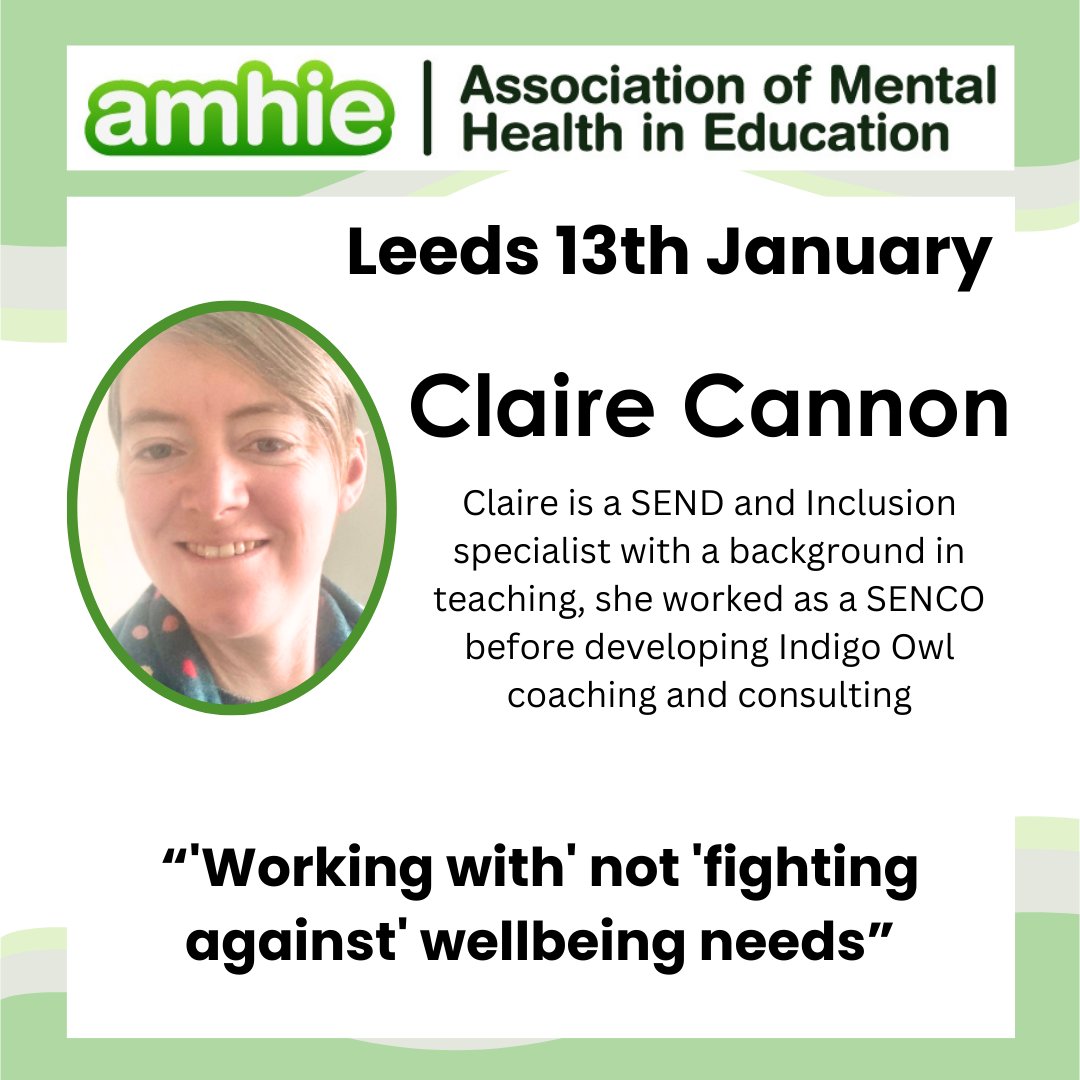 amhieducation's tweet photo. Claire is an experienced SENDCO with a background in teaching, she developed Indigo Owl Coaching and Consulting. 
For more information visit us here: https://t.co/Ufs1e9Sv9i

#SEMH #mentalhealth #leeds #workshop #cpd #training https://t.co/fQc31geSJn