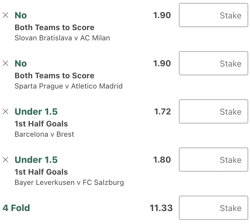 ArmTipster's tweet photo. 🤩⚽️TUESDAY FOOTBALL TIP⚽️🤩

💫Slovan Bratislava v Milan
Both teams to score - NO: 1.90
💫Sparta Prague v Atletico Madrid
Both teams to score - NO: 1.90
💫Barcelona v Brest
1st half goals - Under 1.5: 1.72
💫Bayer Leverkusen v Salzburg
1st half goals - Under 1.5: 1.80

✅ACCA: 11.33

Don't miss your chance to win ! 🔥💰