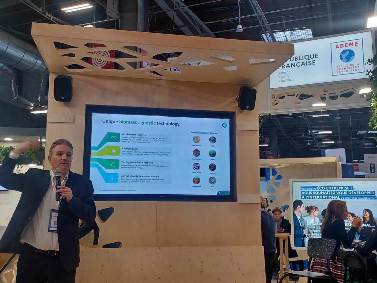 Grâce à la #biomasse, notre techno ‘couteau-suisse de la #transitionénergétique’ peut produire élec, #gazrenouvelable et #hydrogène compétitifs vs. alternatives fossiles + solutions pour #décarboner transport aérien/maritime—#SAF, méthanol. ~PDG Philippe Haffner <a href="/Pollutec/">Pollutec 2025</a> <a href="/ademe/">ADEME</a>
