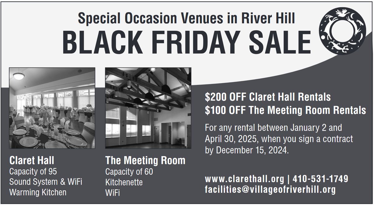 River Hill Community Association (@rhcaclarksville) on Twitter photo ๐ฃBlack Friday Sale Alert!
Looking for the perfect venue?
Get $200 OFF Claret Hall & $100 OFF The Meeting Room. Offer good for rentals Jan. 2 - April 30, 2025 w/ signed contract by 12/15/24.
More info at clarethall.org or email: facilities@villageofriverhill.org ๐ฃBlack Friday Sale Alert!
Looking for the perfect venue?
Get $200 OFF Claret Hall & $100 OFF The Meeting Room. Offer good for rentals Jan. 2 - April 30, 2025 w/ signed contract by 12/15/24.
More info at clarethall.org or email: facilities@villageofriverhill.org