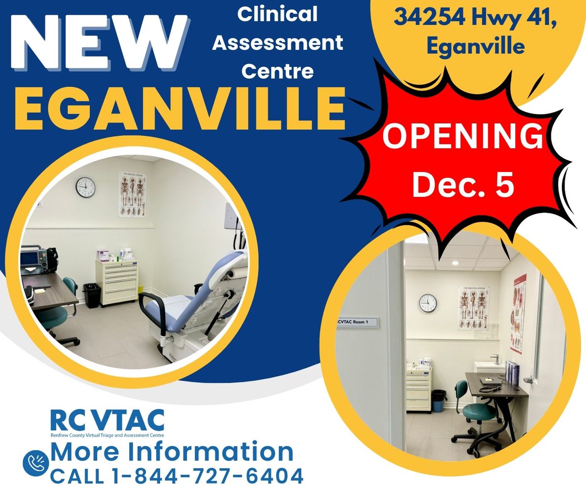County of Renfrew Paramedic Service (@renctyparamedic) on Twitter photo <a href="/rcvtac/">Renfrew County Virtual Triage & Assessment Centre</a> in Eganville is opening on Dec. 5. This clinic will run every 2nd Thursday from 8 a.m. to 4 p.m.
This means Paramedics are available to conduct in-person assessments & if necessary connect patients w/a physician by phone/video. For more information call 1-844-727-6404 <a href="/rcvtac/">Renfrew County Virtual Triage & Assessment Centre</a> in Eganville is opening on Dec. 5. This clinic will run every 2nd Thursday from 8 a.m. to 4 p.m.
This means Paramedics are available to conduct in-person assessments & if necessary connect patients w/a physician by phone/video. For more information call 1-844-727-6404