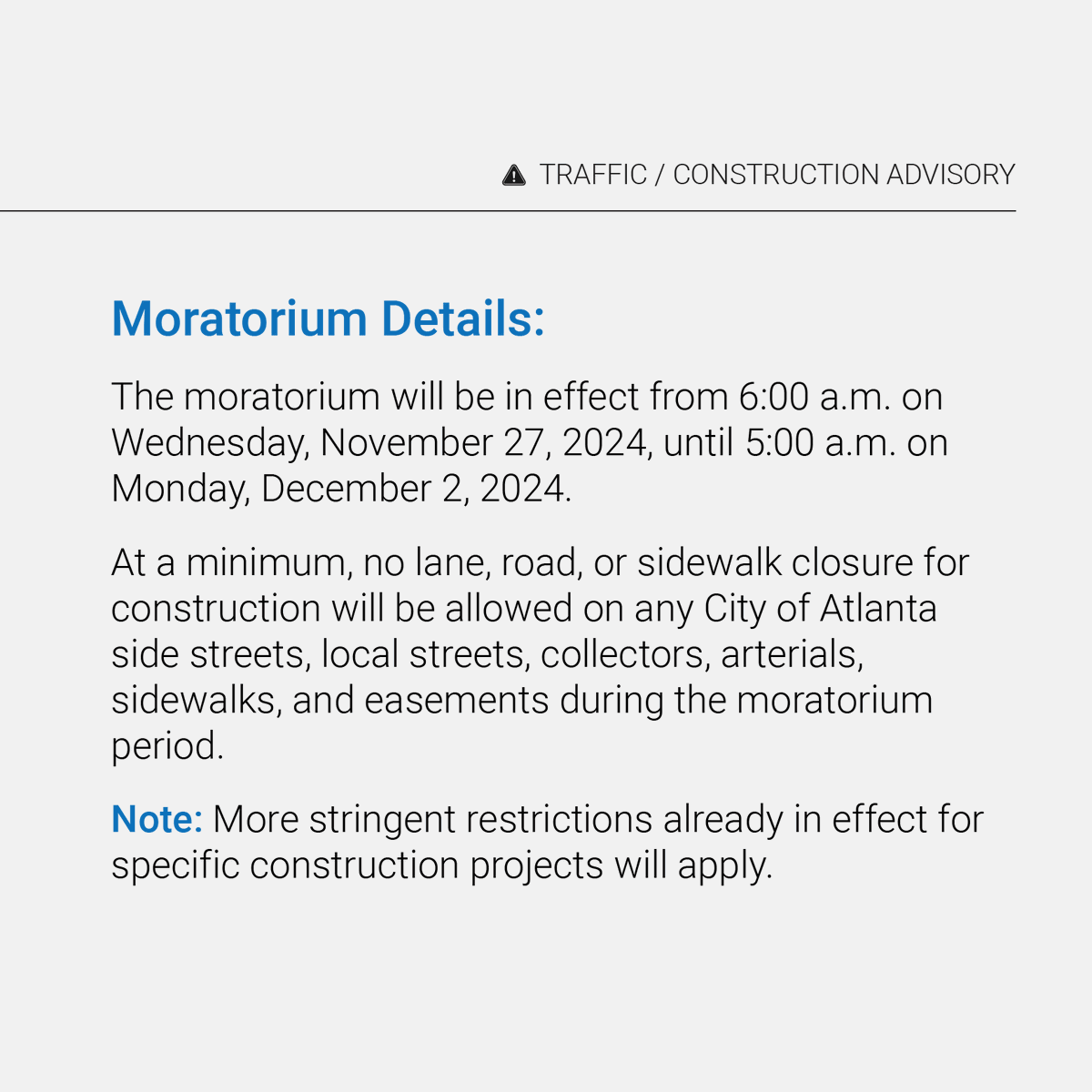 Traffic Advisory: A Thanksgiving holiday weekend moratorium on lane, road and sidewalk closures on <a href="/CityofAtlanta/">City of Atlanta, GA</a> streets will be in effect from 6:00 a.m. on Wednesday, November 27 until 5:00 a.m. on Monday, December 2.
bit.ly/3OoNkBB
#AtlantaTraffic #ATLTraffic