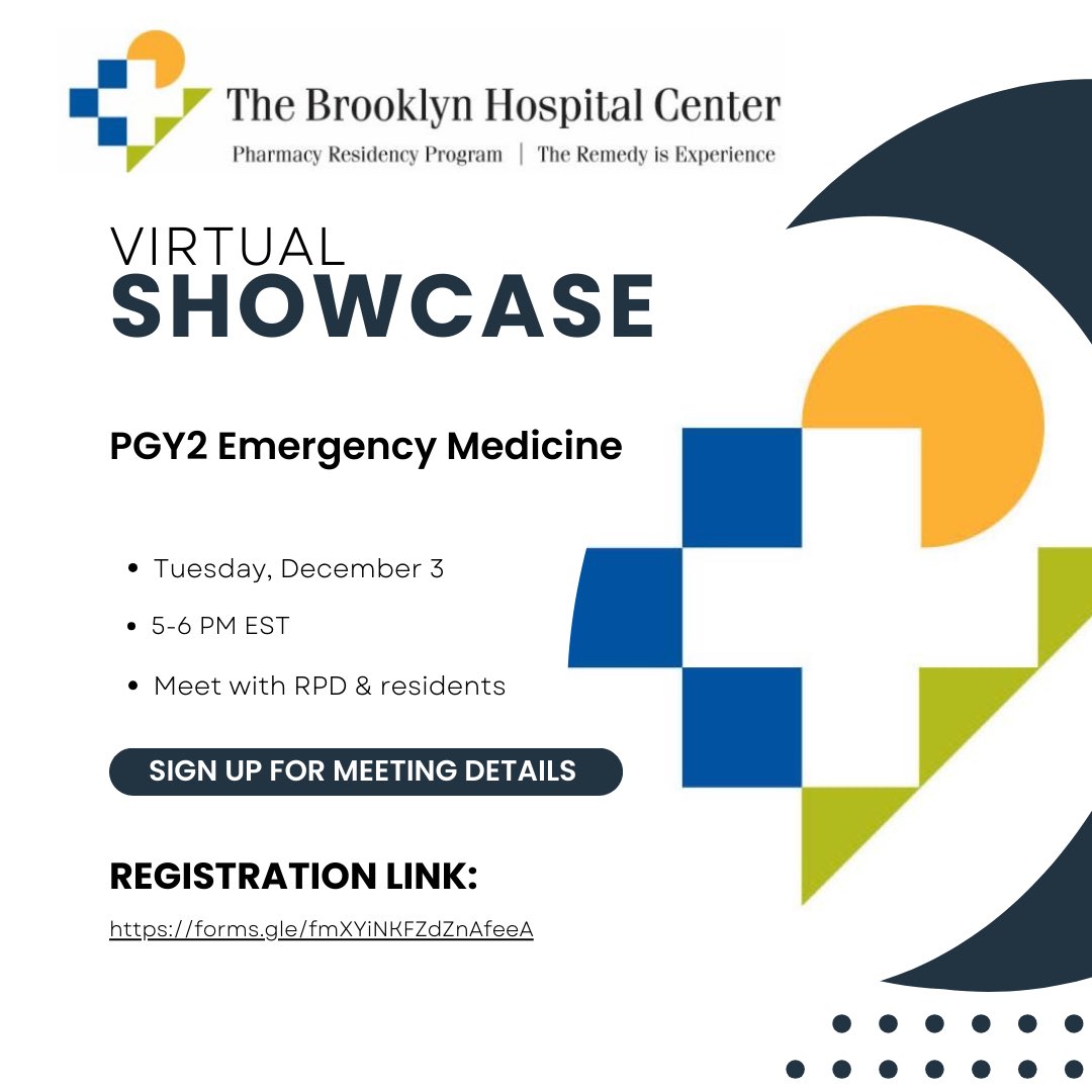 tbhcpharmres's tweet photo. We are recruiting for 2 PGY2 EM positions. Learn more at our virtual showcase on 12/3! Sign up using the Google form https://t.co/6Wma9J6RKd &amp; you will be emailed a meeting link https://t.co/ZG8FOM0C75