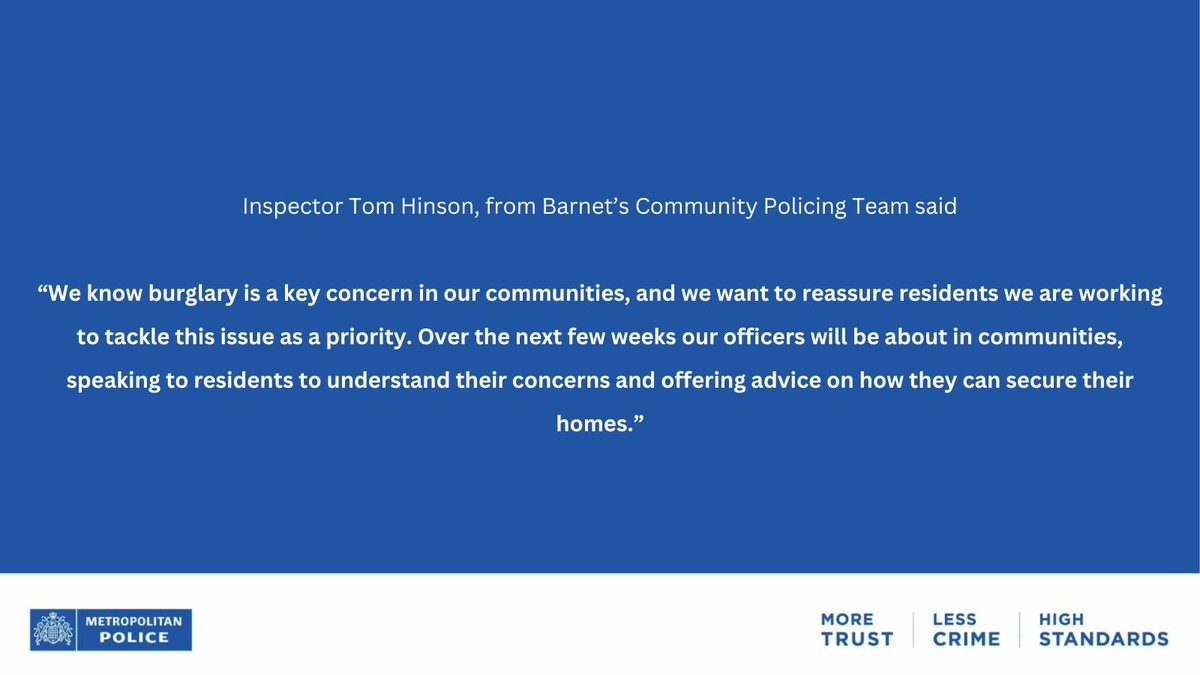 MPSBarnet's tweet image. To combat residential burglary in Barnet, Met officers are deploying into communities to provide a visible presence and offer crime prevention advice. 
#Barnet #MylocalMet