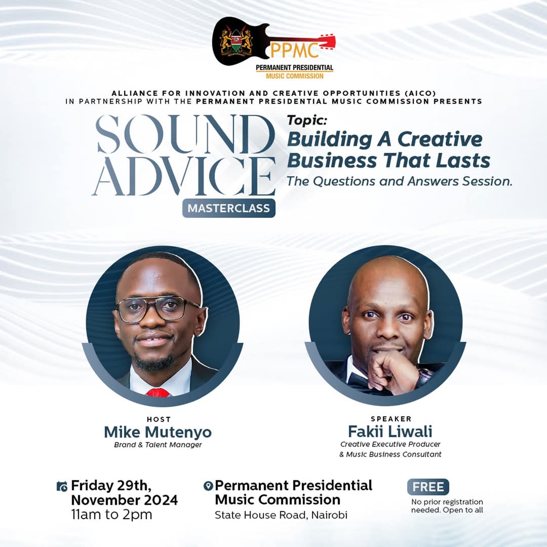 Join us this Friday, 29th November 2024, from 11:00 AM to 2:00 PM, for this month's #SoundAdvice Masterclass, presented by PPMC  in partnership with Alliance for Innovation and Creative Opportunities, moderated by Mike Mutenyo. More details: facebook.com/share/p/18F4c8…

#PPMCKenya