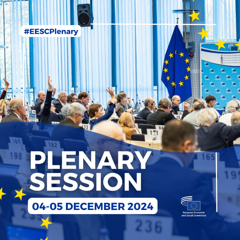 EU_EESC's tweet photo. Our #EESCPlenary is coming up! 🗳️ 
  
On 04-05 December, our members will debate and vote on important topics such as: 
➡️ democracy in Africa; 
➡️ the upcoming @EUCouncil’s presidency; 
➡️ social housing challenges in the EU. 

 Don't miss it! 

#EUCivilSociety