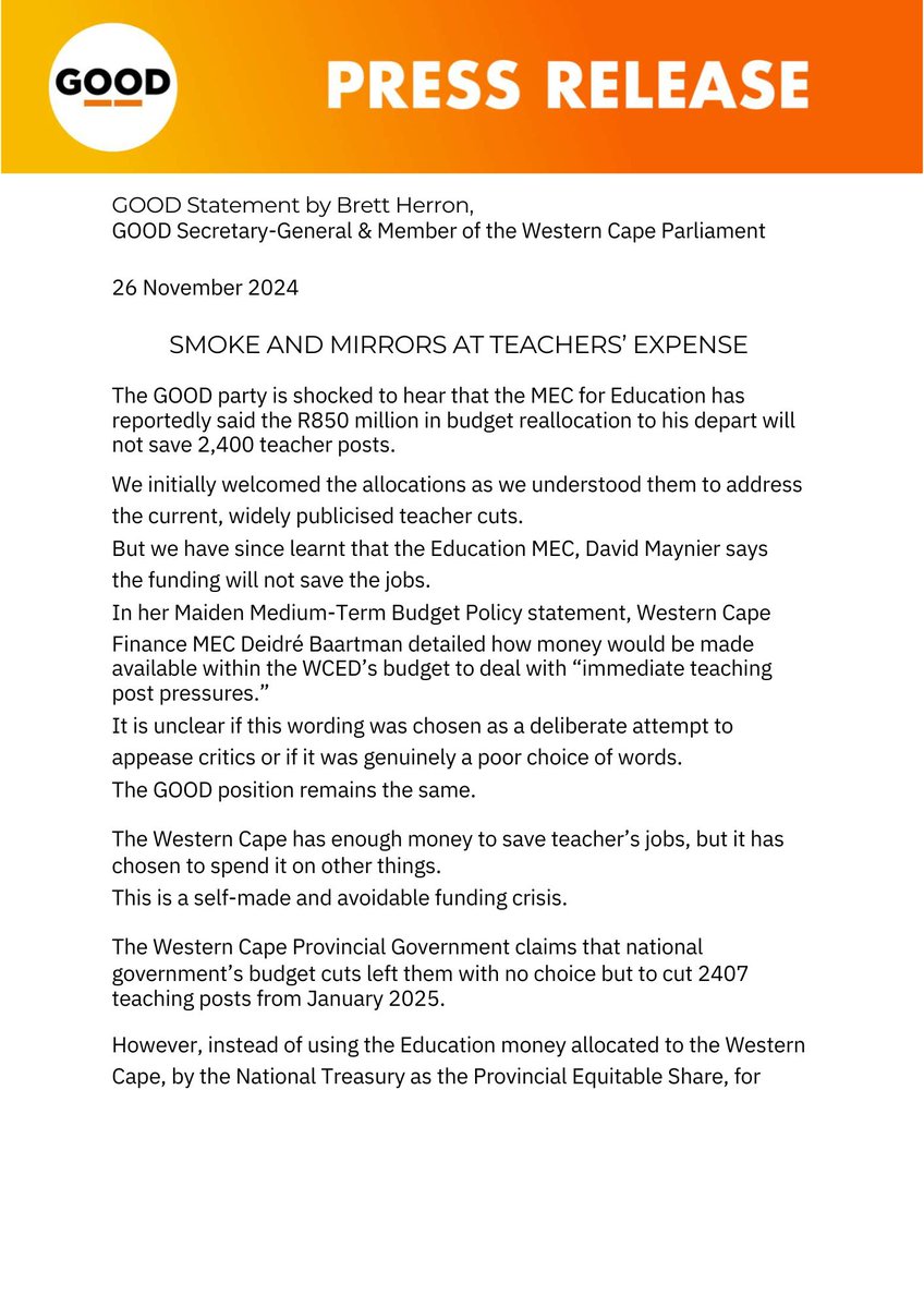 ForGoodZA's tweet photo. SMOKE AND MIRRORS AT TEACHERS’ EXPENSE 🚨

The GOOD Party is shocked to learn that the R850 million allocated for education won’t save 2,400 teacher posts.

The Western Cape has the funding, but chose to spend it elsewhere. This avoidable crisis leaves teachers & learners in the lurch.

Either the Finance MEC misled us, or the Education MEC has been misleading us since March 2024. The public deserves clear, honest communication.

Read more➡️https://t.co/DBHLYO44nB

#EducationForAll #DefendOurTeachers #GOODParty #stopthesuffering #TeachersMatter