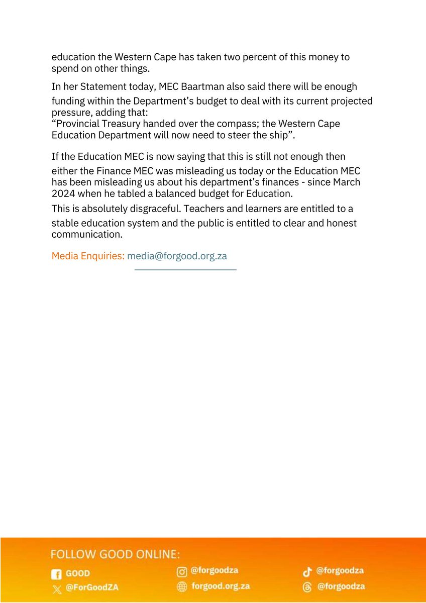 ForGoodZA's tweet photo. SMOKE AND MIRRORS AT TEACHERS’ EXPENSE 🚨

The GOOD Party is shocked to learn that the R850 million allocated for education won’t save 2,400 teacher posts.

The Western Cape has the funding, but chose to spend it elsewhere. This avoidable crisis leaves teachers & learners in the lurch.

Either the Finance MEC misled us, or the Education MEC has been misleading us since March 2024. The public deserves clear, honest communication.

Read more➡️https://t.co/DBHLYO44nB

#EducationForAll #DefendOurTeachers #GOODParty #stopthesuffering #TeachersMatter