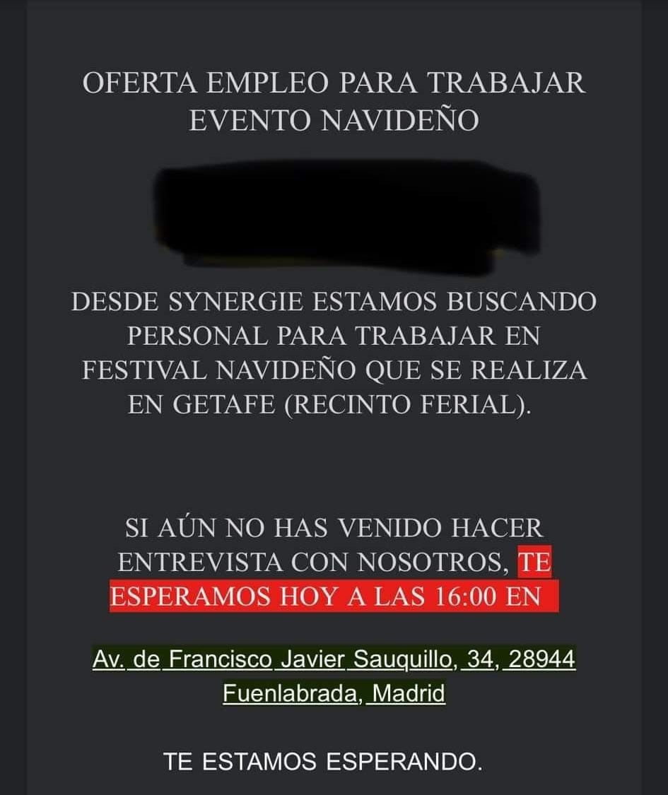 Nota informativa. 
Me acaba de llegar este correo donde están buscando personal para trabajar en la feria navideña de Getafe. 
#45confuturo