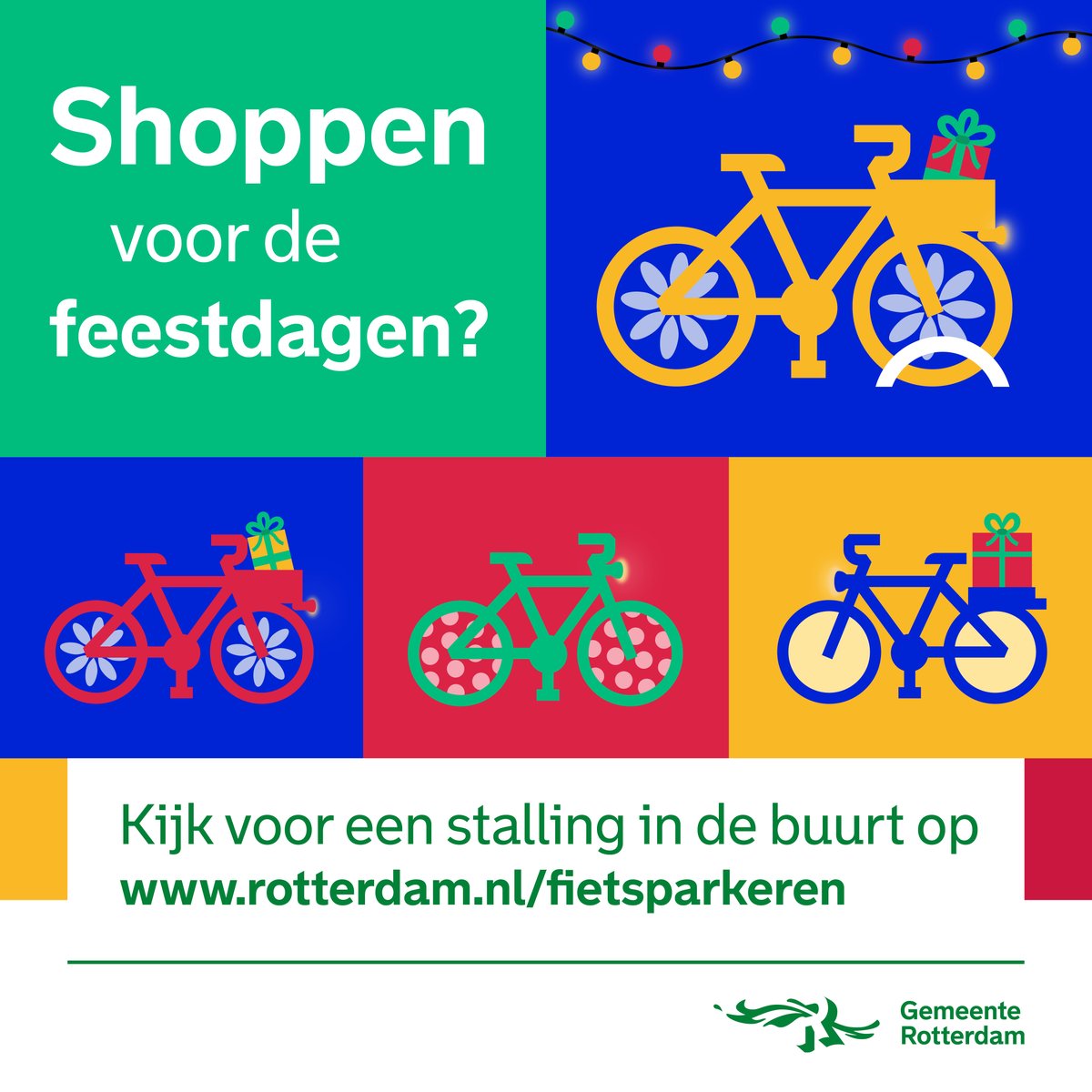 Stadsbeheer010's tweet photo. 🎁Inkopen doen voor de #feestdagen? Vermijd drukte op de weg en kom op de fiets! #Parkeer je #fiets #gratis en droog in een van onze fietsenstallingen. Check https://t.co/201ccTibij voor alle locaties. https://t.co/Iu2kHjibyt