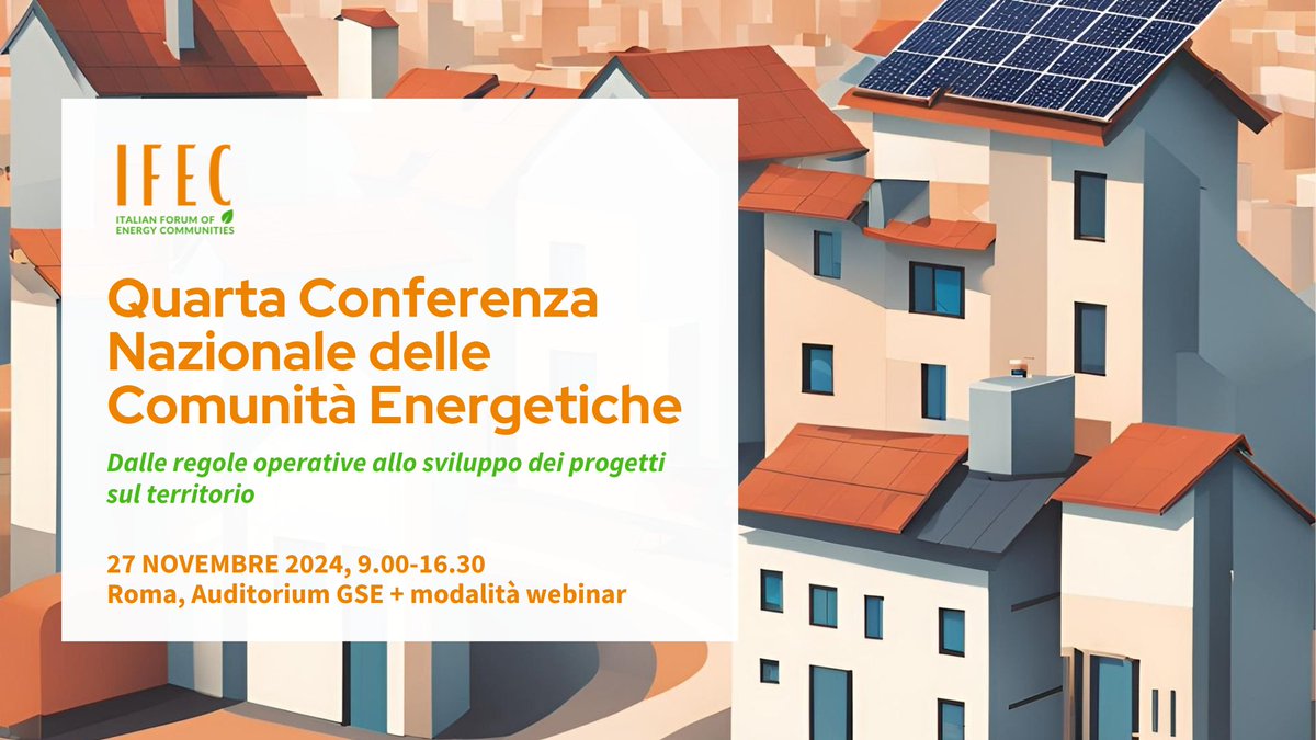 Appuntamento al <a href="/GSErinnovabili/">GSE</a> per la Quarta Conferenza Nazionale #IFEC, Forum Italiano delle Comunità Energetiche

Tutti gli stakeholder del settore per approfondire temi normative, esperienze sui territori e prospettive #CER

Programma e iscrizioni👉lnkd.in/d6HUNgcv