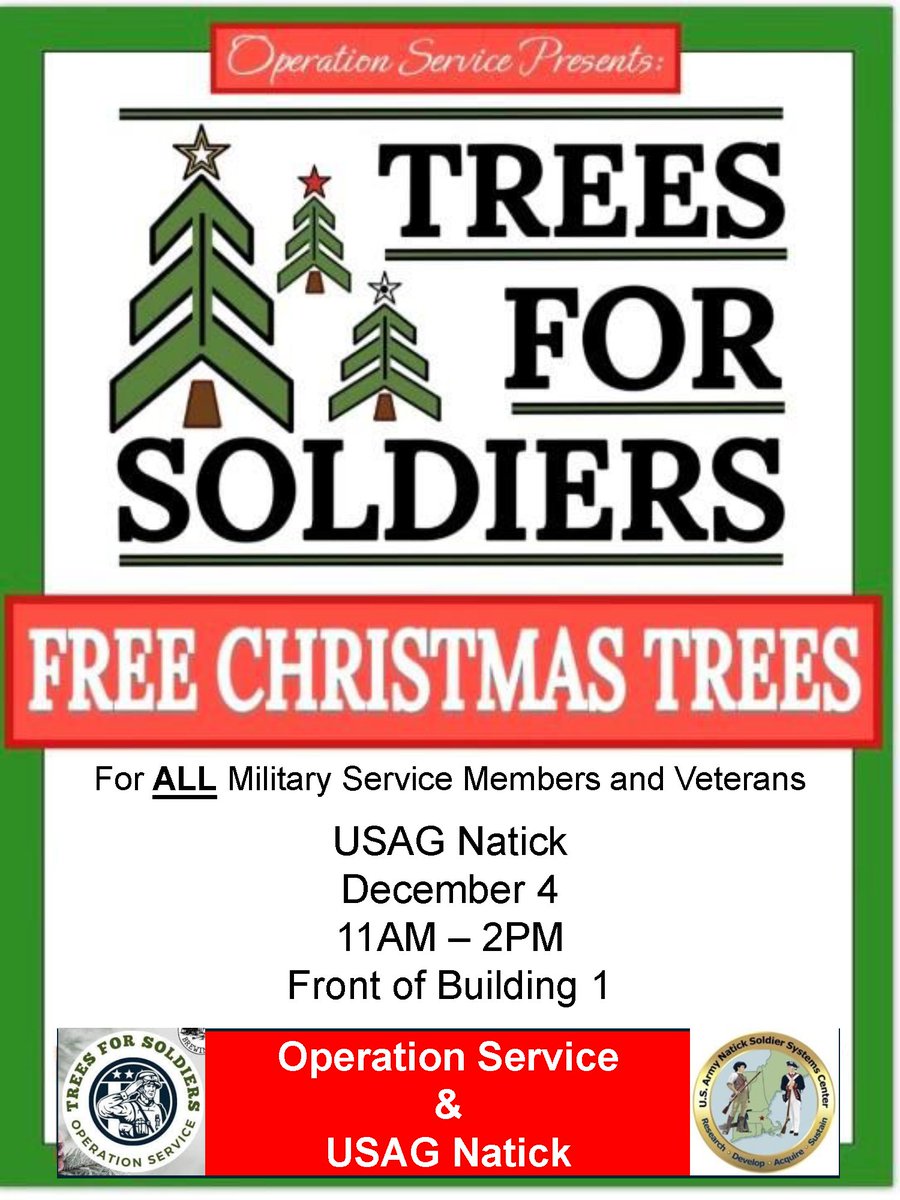 Join us at Natick Soldier Systems Center on Dec 4th from 11am-2pm at Carney Hall (Bldg 1) for a FREE holiday tree giveaway, exclusively for Military Service Members and Veterans. We're grateful for your service! #naticksoldiersystemscenter