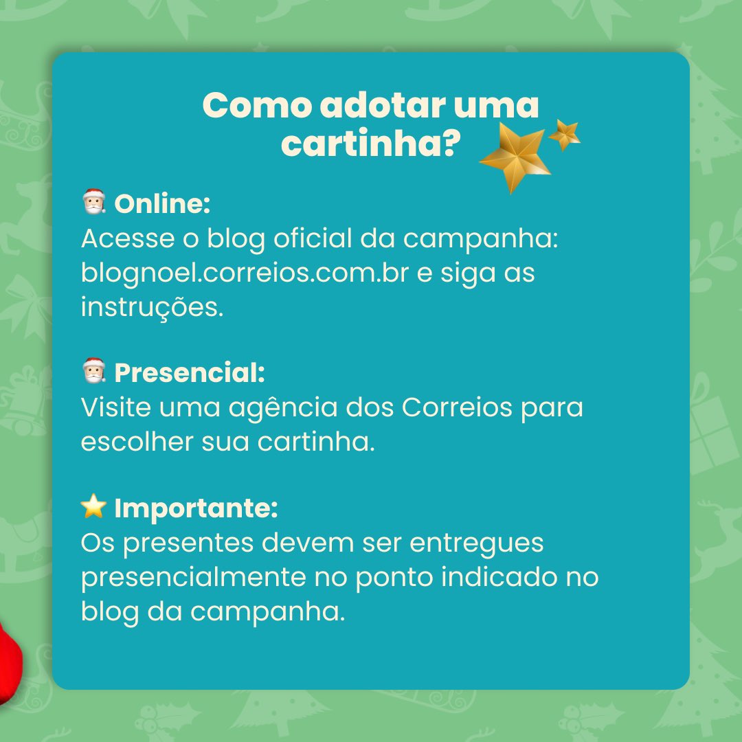 profgilson8's tweet photo. Você já conhecia esse lindo programa dos Correios? Através dele você pode adotar as cartinhas de Natal das crianças e conceder o seu presente desejado. Acesse o site para mais informações sobre as datas e os pontos de adoção!
.
.
.
.
.
.
#Natal #CartinhasdeNatal https://t.co/crW68TbkBx
