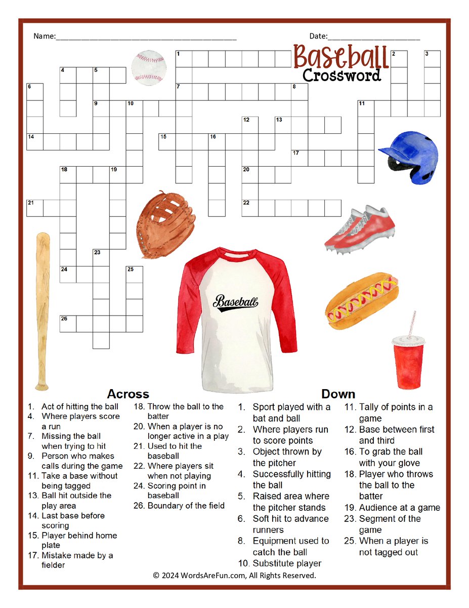 Words_Are_Fun_'s tweet photo. Get ready to hit a home run with this baseball crossword puzzle! It’s packed with fun clues about America’s favorite pastime, making it a winning choice for fans of the game. https://t.co/1HWH3eBcpr #crosswordpuzzles #freeprintables #Baseball #baseballseason #sports #sportsparty https://t.co/Wiruj5RmzW