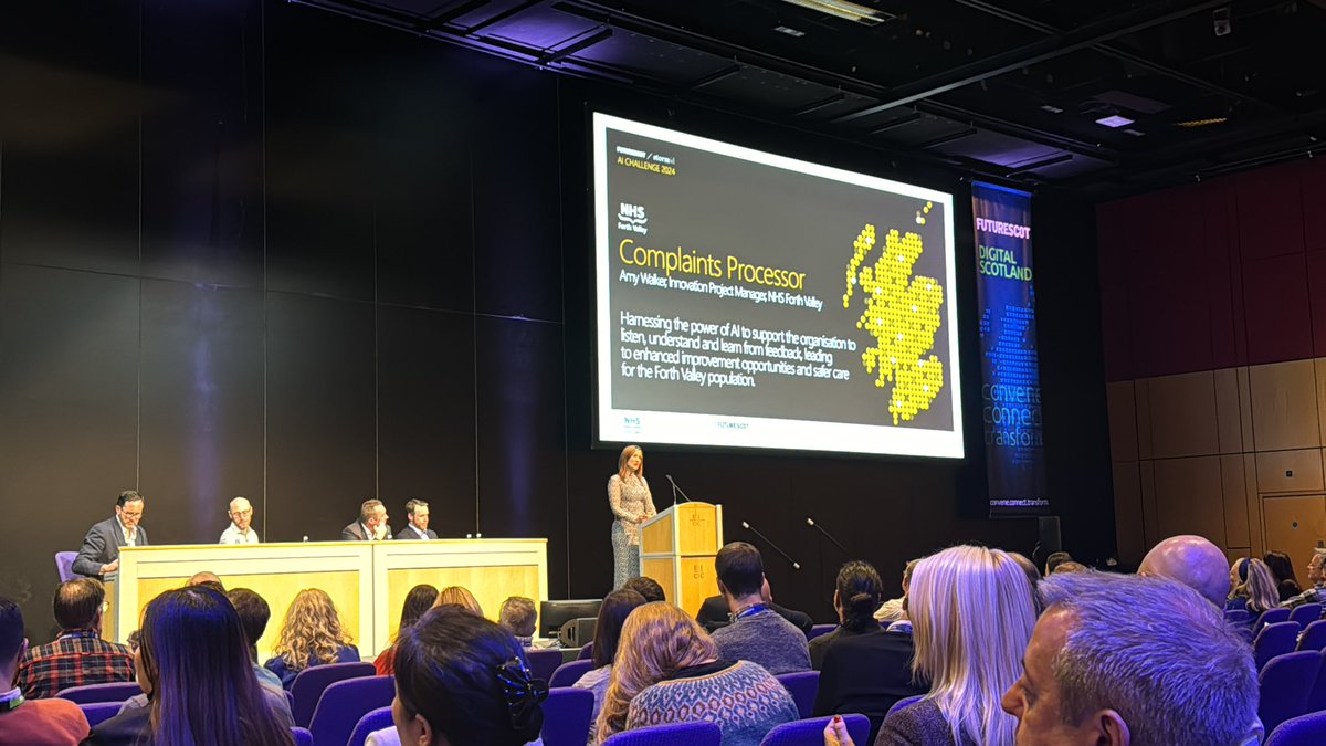 Futurescot_News's tweet photo. Our next speaker is Amy Walker, innovation project manager @NHSForthValley who outlines the background to their application. The health board wanted to use AI to help deal with complaints, which are demand intensive #DS24 https://t.co/iVpeS64LG7