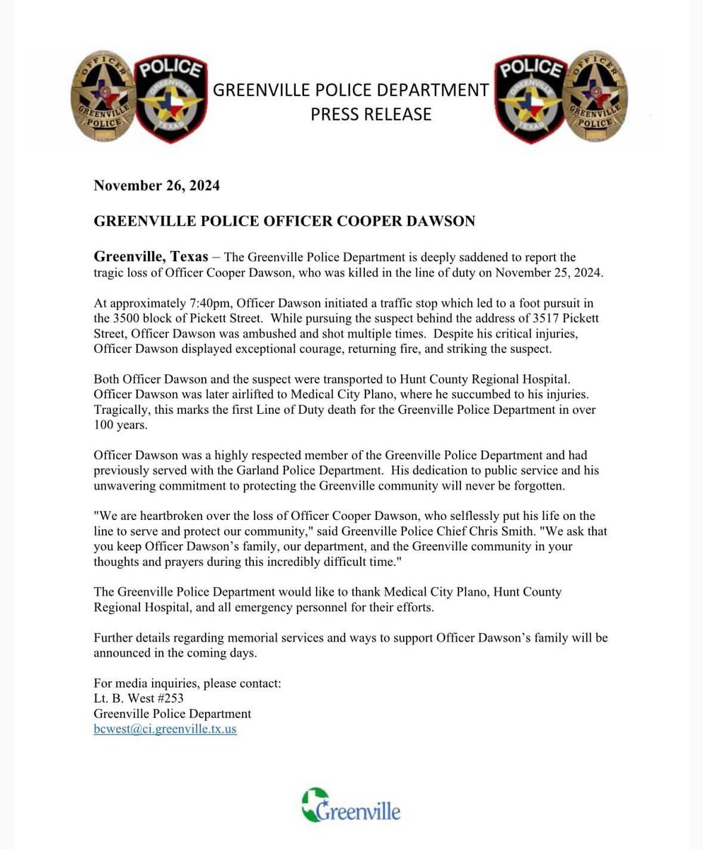 brentmoney's tweet photo. Update from the Greenville Police Department about the brave officer killed in the line of duty last night. https://t.co/0j0E1uPE7T