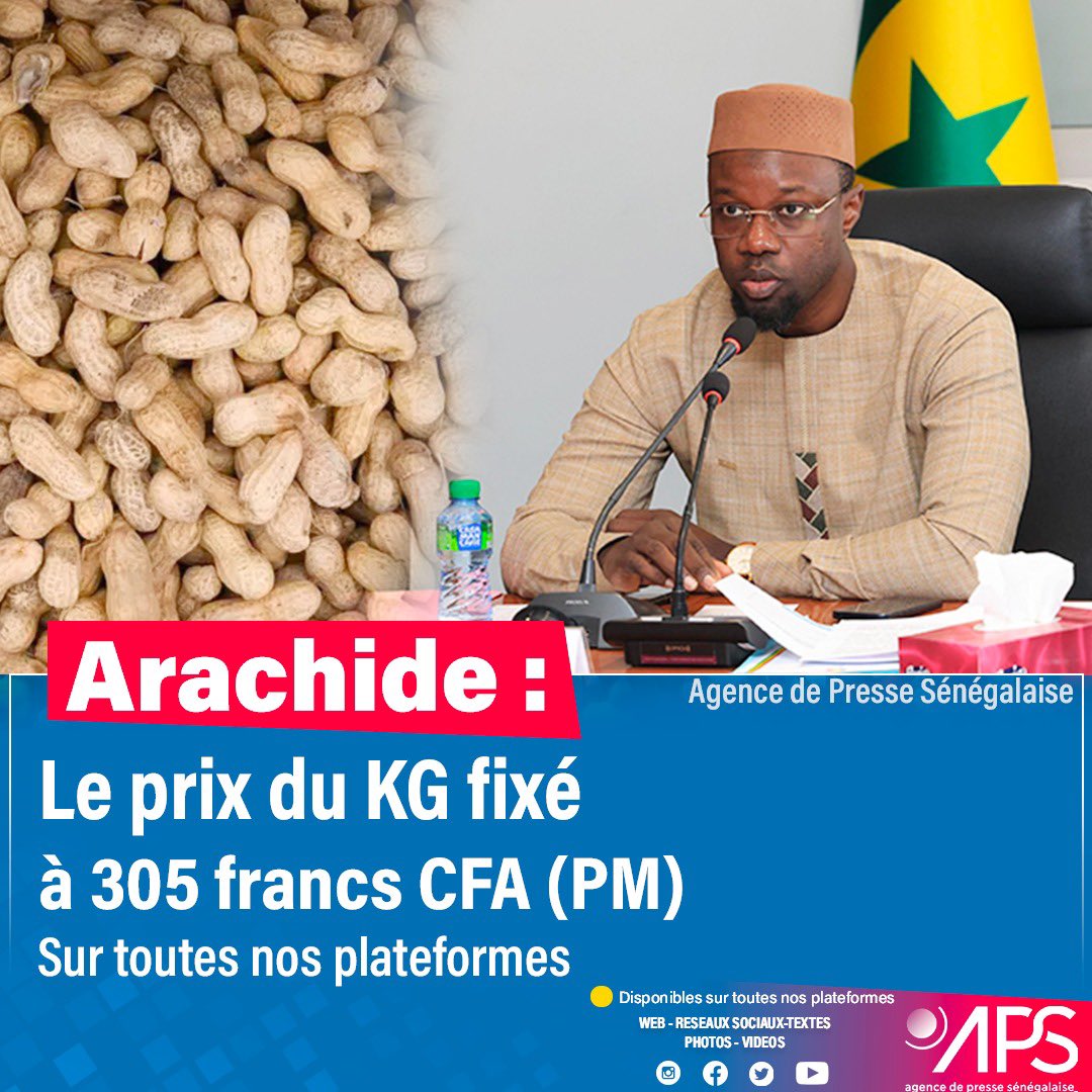🔴 La campagne de commercialisation de l'arachide va démarrer sur l'ensemble du territoire national à partir du 5 décembre. Le prix du kg est fixé à 305 francs CFA contre 280 francs CFA pour la saison précédente. 

L'annonce a été faite ce mardi lors d'un Conseil interministériel