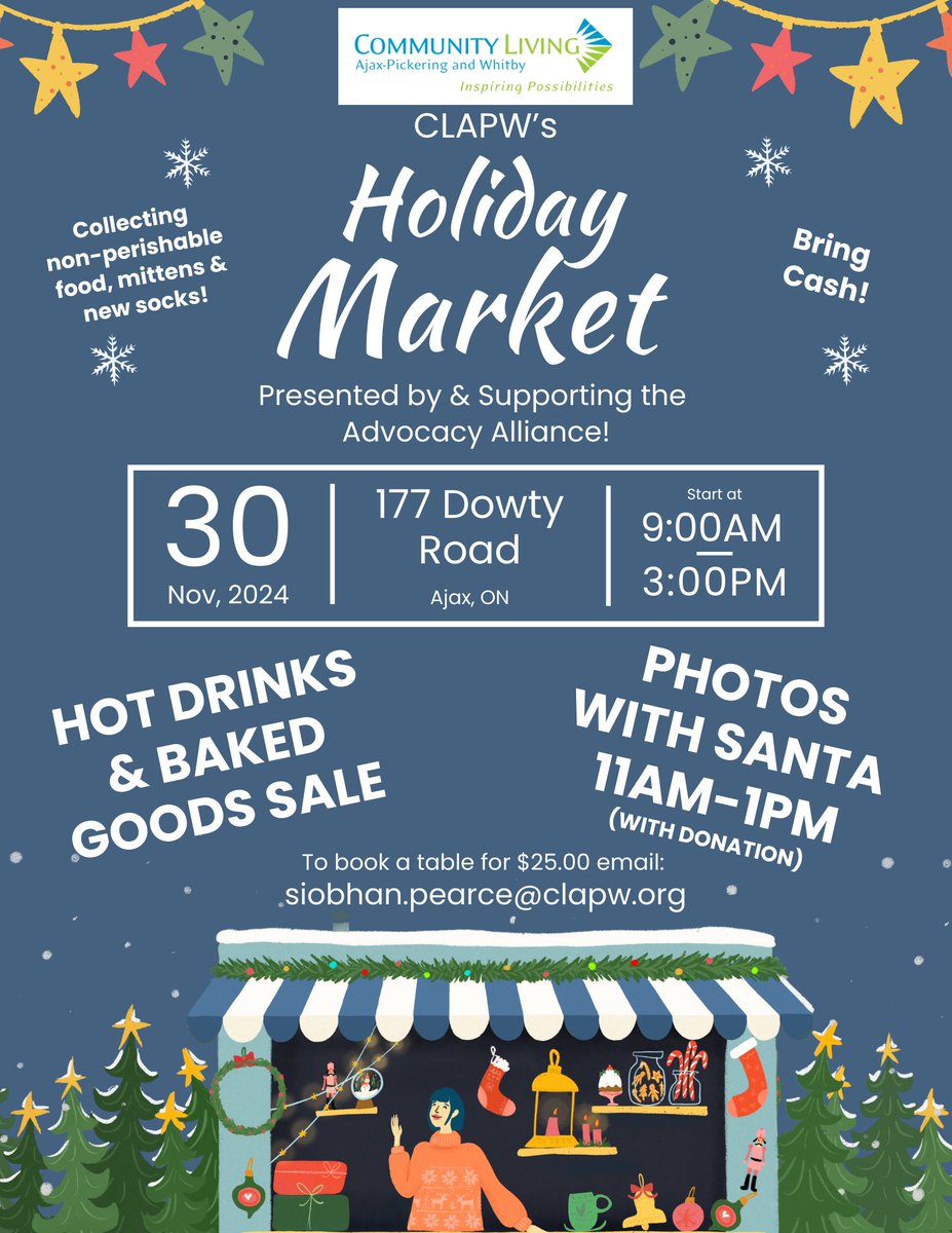 🎄✨ Join us for our Holiday Market this Saturday, Nov 30, 9 AM-3 PM at 177 Dowty Rd, Ajax!

🎅 Photos with Santa (11 AM-1 PM, w/donation)
☕ Hot drinks &amp; baked goods
🎁 Unique gifts
💙 Collecting non-perishables, mittens &amp; socks 
Tables: $25 (Email siobhan.pearce@clapw.org)