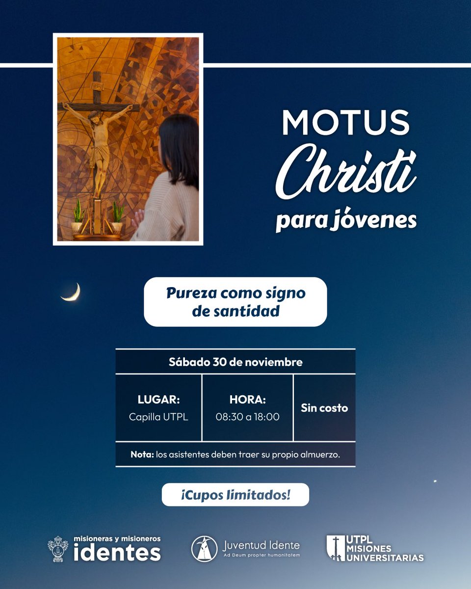 identesecuador's tweet photo. 📍Loja

Participa del Motus Christi: un encuentro transformador para reflexionar y fortalecer nuestra conexión espiritual. 💗✨  

📍Capilla UTPL 
🗓️Sábado 30 de noviembre 
🕣8:30 am 
‼️Recuerda que son cupos limitados

🔗 Inscríbete aquí: https://t.co/pckg7CNKY9 https://t.co/2VPEhZnFYk