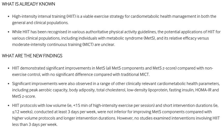 🚨 High-intensity interval training for cardiometabolic health in adults with metabolic syndrome 🏃‍♀️ 💪 🏋️‍♂️

NEW systematic review and meta-analysis of randomised controlled trials 📄

#OpenAccess ➡️ bit.ly/3B1S8cN