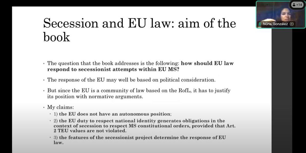 GEDECO - EUCODEM (@gedecoub) on Twitter photo 📢Ayer la Dra. Núria González Campañá presentó su monografía “Secession and EU Law” en <a href="/StalsPisa/">STALS Sant'Anna Legal Studies</a> <a href="/ScuolaSantAnna/">ScuolaSantAnna</a> .
Organizado por el Prof <a href="/martinicogi/">Giuseppe Martinico</a> . Con los Profs. Cristina Fasone, <a href="/Francisco_RC/">Francisco Javier Romero</a> y <a href="/g_delledonne/">Giacomo Delledonne</a> .
👉Disponible en YouTube: m.youtube.com/watch?v=wu2H1_… 📢Ayer la Dra. Núria González Campañá presentó su monografía “Secession and EU Law” en <a href="/StalsPisa/">STALS Sant'Anna Legal Studies</a> <a href="/ScuolaSantAnna/">ScuolaSantAnna</a> .
Organizado por el Prof <a href="/martinicogi/">Giuseppe Martinico</a> . Con los Profs. Cristina Fasone, <a href="/Francisco_RC/">Francisco Javier Romero</a> y <a href="/g_delledonne/">Giacomo Delledonne</a> .
👉Disponible en YouTube: m.youtube.com/watch?v=wu2H1_…
