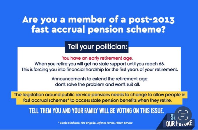 pdforra (@pdforra) on Twitter photo Legislation around public service pensions need to change to allow people in fast accrual schemes access state pension benefits when they retire.
<a href="/forsa_union_ie/">Fórsa trade union</a> <a href="/irishcongress/">Irish Congress (ICTU)</a> <a href="/IRLDeptDefence/">Department of Defence</a> <a href="/defenceforces/">Óglaigh na hÉireann</a> <a href="/gardarep/">GRA</a> <a href="/DubFireBrigade/">Dublin Fire Brigade</a> <a href="/RACO_DF/">RACO</a> Legislation around public service pensions need to change to allow people in fast accrual schemes access state pension benefits when they retire.
<a href="/forsa_union_ie/">Fórsa trade union</a> <a href="/irishcongress/">Irish Congress (ICTU)</a> <a href="/IRLDeptDefence/">Department of Defence</a> <a href="/defenceforces/">Óglaigh na hÉireann</a> <a href="/gardarep/">GRA</a> <a href="/DubFireBrigade/">Dublin Fire Brigade</a> <a href="/RACO_DF/">RACO</a>