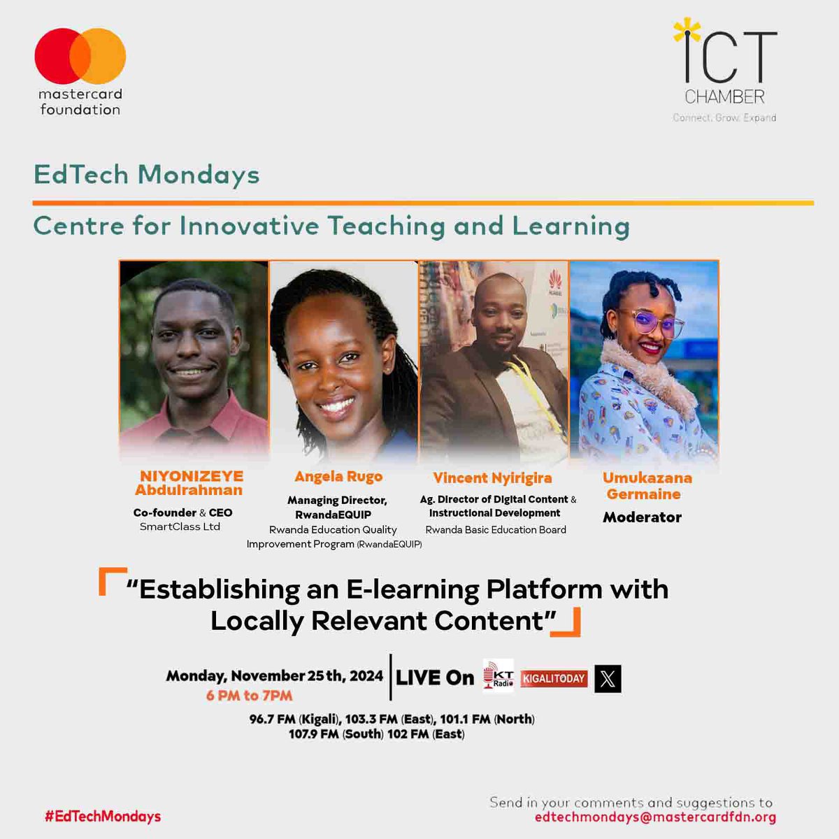 CalvinMutsinzi's tweet image. Every last Monday of the month, @MastercardFdn and @rwictchamber host #EdTechMonday on @ktradiorw . This month’s discussion focuses on Establishing an E-learning Platform with Locally Relevant Content exploring how technology can advance education and learning in Rwanda.