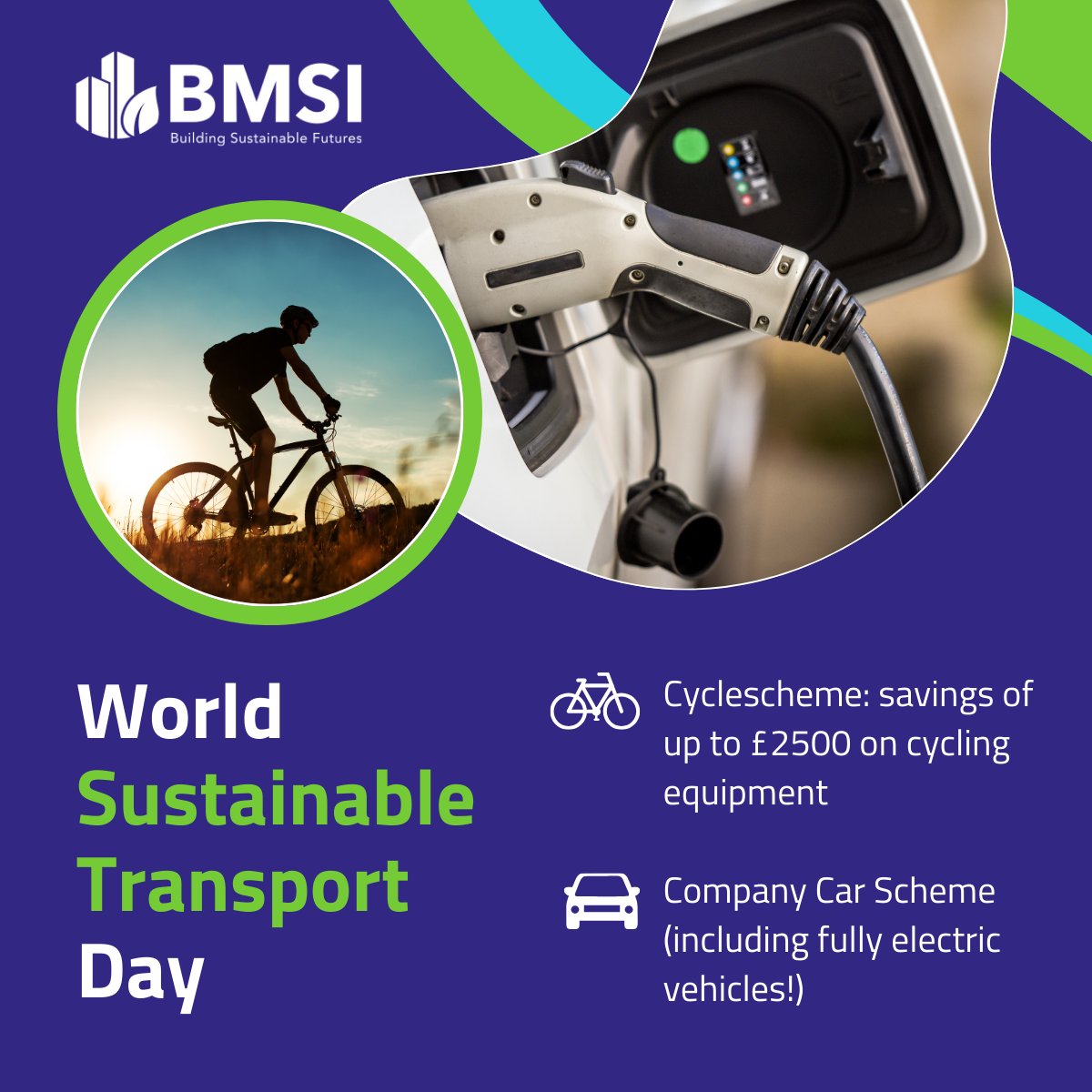 World Sustainable Transport Day 🌎

At BMSI, we support sustainable transport for our team:

🚲 Cyclescheme: Save up to £2500 on cycling equipment.

⚡️ Company Car Scheme: Drive electric vehicles for work &amp; personal use.

#BMSI