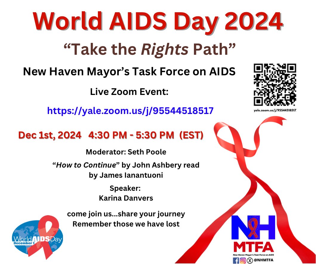 Join us! New Haven Mayor’s Task Force on AIDS Force #WorldAIDSDay #NewHaven 2024 on 12/1, 4:30pm est Zoom. yale.zoom.us/j/95544518517 #WorldAIDSDay #WAD2024 #nhmtfa