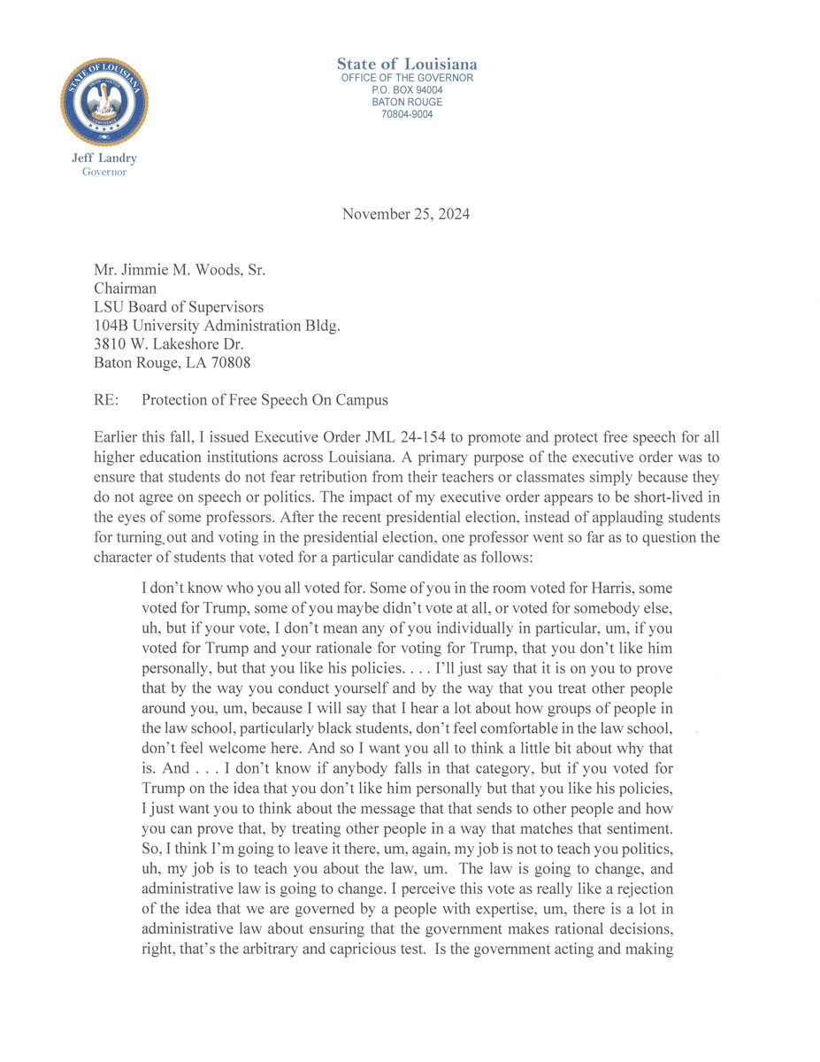 LAGovJeffLandry's tweet image. Our Administration will not stand by silently as this professor defies the voices of 76 million Americans who voted for @realDonaldTrump.