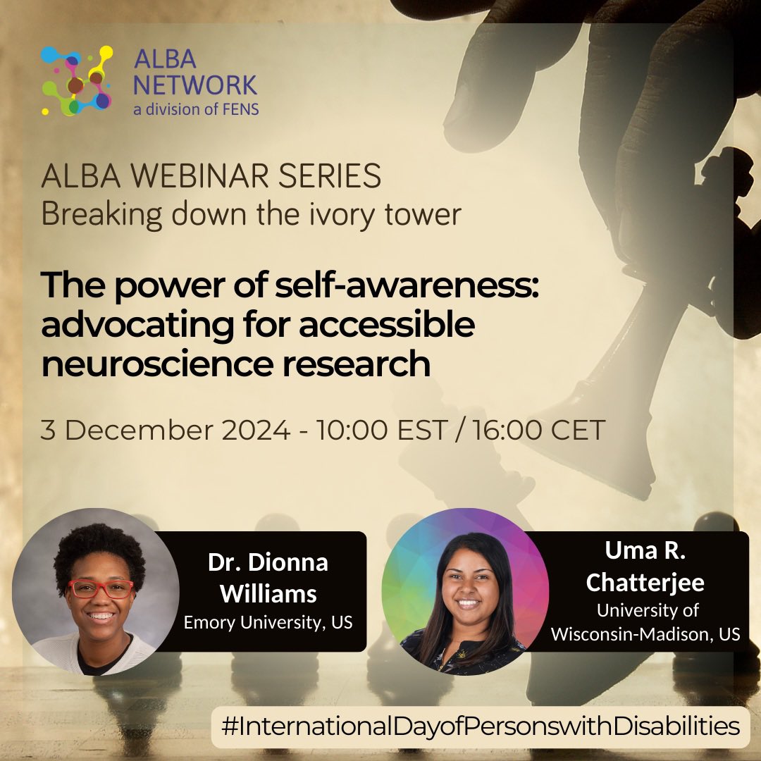 Uma R. Chatterjee, M.S., MHPS (@umarchatterjee) on Twitter photo I’m honored to present my #OCD + #psychedelic research AND share my #DisabledInSTEM journey for <a href="/network_alba/">ALBA Network</a>’s ‘Breaking Down The Ivory Tower’ series on #InternationalDayOfPersonsWithDisabilities! 🧠🎗️
Please join me & <a href="/DWWilliamsLab/">Dionna Williams, PhD Lab</a> next week & share! 👉🏾 alba.network/ivorytowerseri… I’m honored to present my #OCD + #psychedelic research AND share my #DisabledInSTEM journey for <a href="/network_alba/">ALBA Network</a>’s ‘Breaking Down The Ivory Tower’ series on #InternationalDayOfPersonsWithDisabilities! 🧠🎗️
Please join me & <a href="/DWWilliamsLab/">Dionna Williams, PhD Lab</a> next week & share! 👉🏾 alba.network/ivorytowerseri…