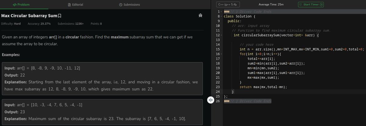 devoted_techie's tweet image. 🚀 Day 11/80 of #geekstreak2024! 🎯
💡 Problem: Max Circular Subarray Sum
✅ Time: O(n) | Space: O(1)
Find the maximum sum in a circular subarray of arr[] with both positive and negative numbers. 💻
Streak continues! 💪
@GeeksforGeeks
#GFG160 #CodingChallenge