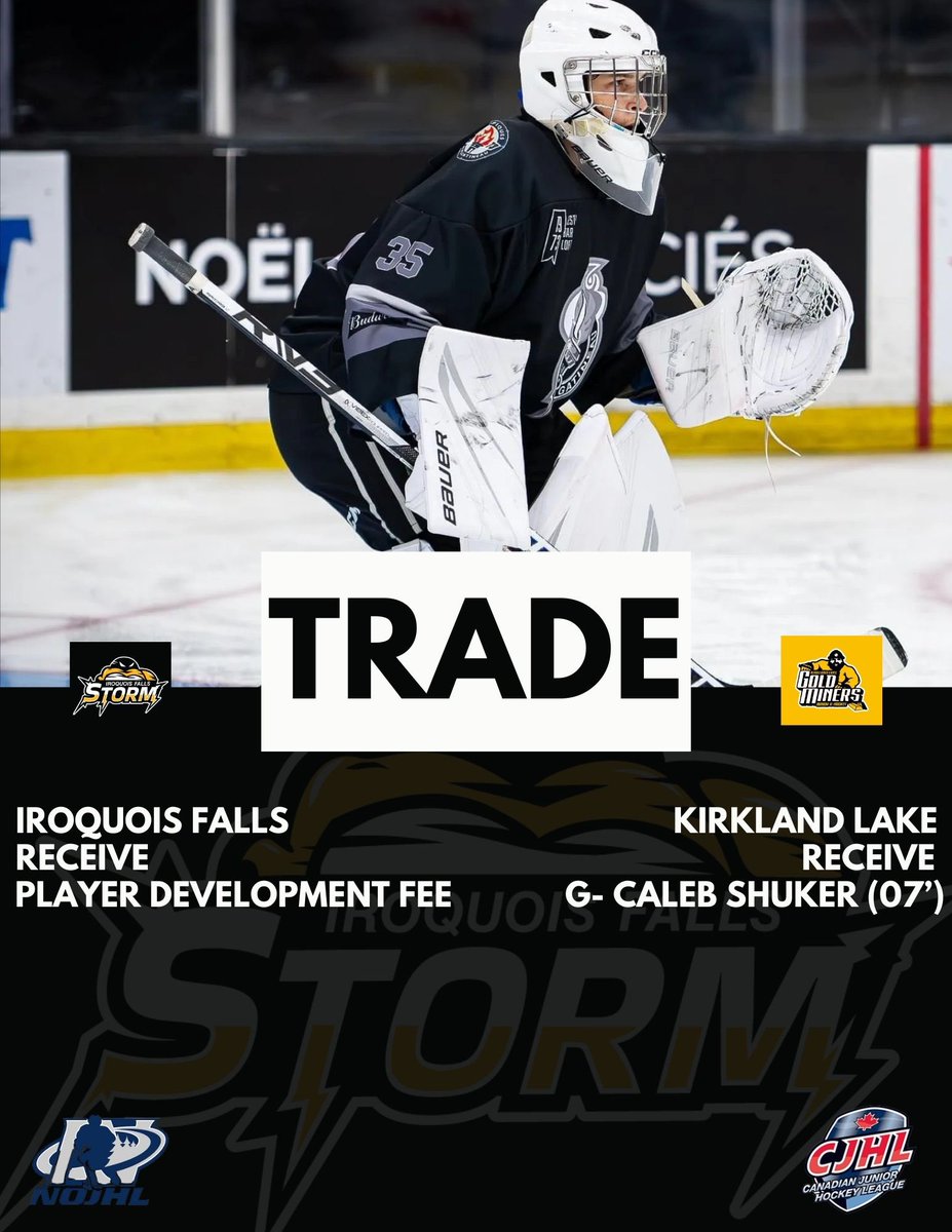 The Iroquois Falls Storm have traded goaltender Caleb Shuker to the Kirkland Lake Gold Miners for a player development fee. 

Best of luck in Kirkland Lake Caleb 

#stormsurge ⚡️