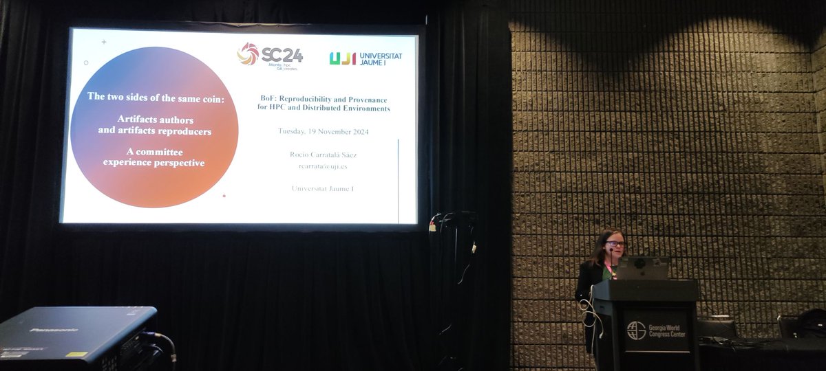 High Performance Computing & Architectures (@hpcauji) on Twitter photo 📝⚙️ <a href="/Rocio_C_S/">Rocío Carratalá</a> was a speaker of the Birds of a Feather (BoF) entitled "Reproducibility and Provenance for HPC and Distributed Environments". Great ideas, lessons learnt and enriching experiences where shared in a live discussion during the BoF!!
#SC24 #Science #SomUJI #UJI 📝⚙️ <a href="/Rocio_C_S/">Rocío Carratalá</a> was a speaker of the Birds of a Feather (BoF) entitled "Reproducibility and Provenance for HPC and Distributed Environments". Great ideas, lessons learnt and enriching experiences where shared in a live discussion during the BoF!!
#SC24 #Science #SomUJI #UJI