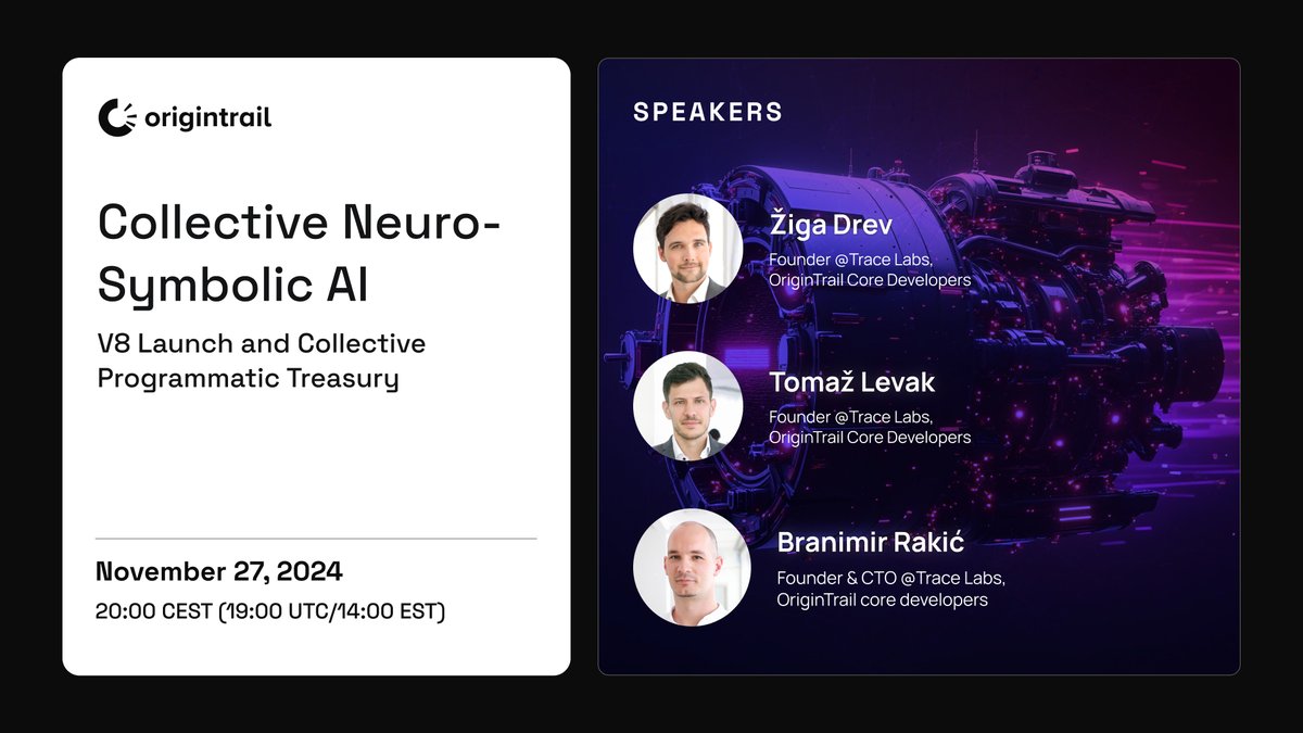 origin_trail's tweet photo. Following an immense expansion of #OriginTrail's utility for #DeSci, Internet content & dozens of other sectors, the importance of the next-generation #DKG V8 cannot be overstated.

🎙 Join @BranaRakic, @TomazOT, @DrevZiga for the next #OnTrac(k) Special to hear the latest about the V8 Mainnet launch, the Collective Programmatic Treasury & more!

📅 Wednesday, NOV 27, 20:00 CEST

📺 Watch live 👉 https://t.co/wj841JHV4G