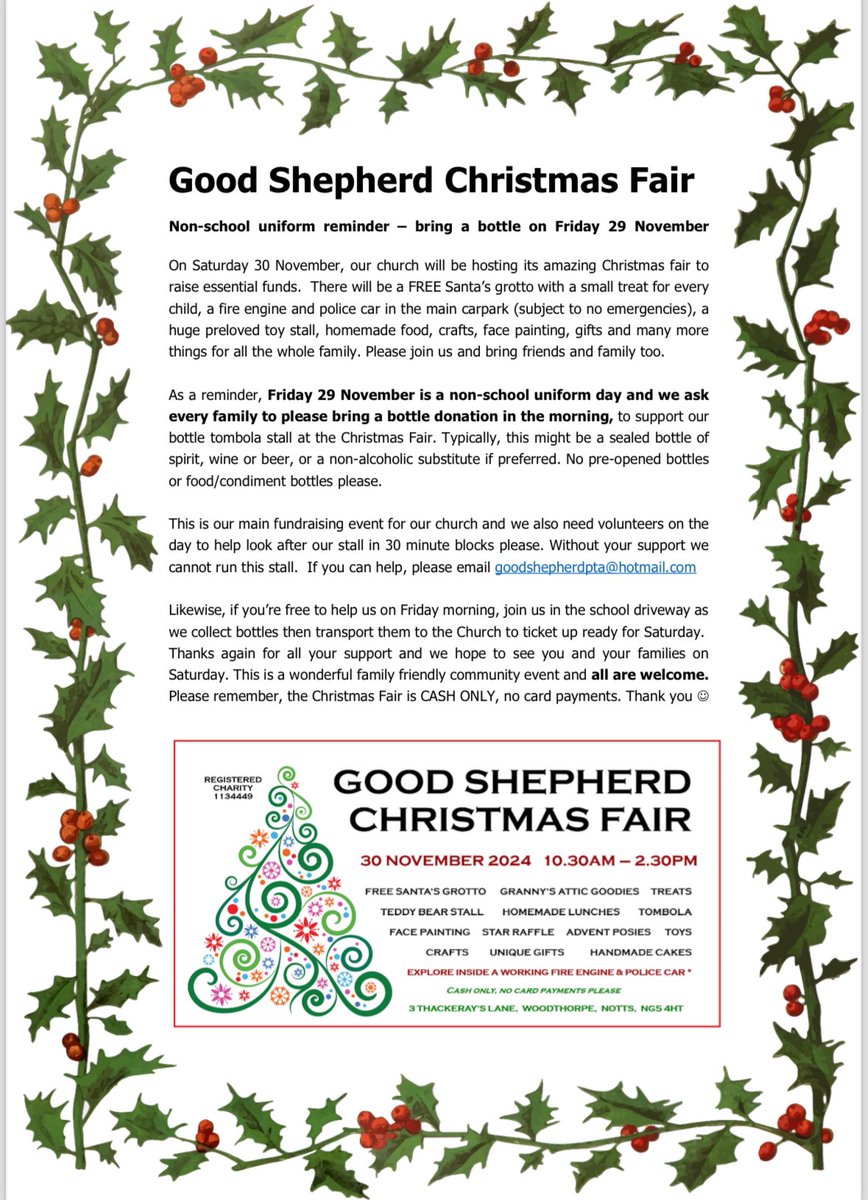 👖👕👚👟 This Friday is a Non Uniform Day!

🍾 Bring a Bottle donation for the tombola at the church bazaar - bottles will be collected Friday morning

📋 We need volunteers to run the tombola stall on Saturday 30th November follow the link to sign up ➡️ forms.gle/Rt8L512LYJmLaC…