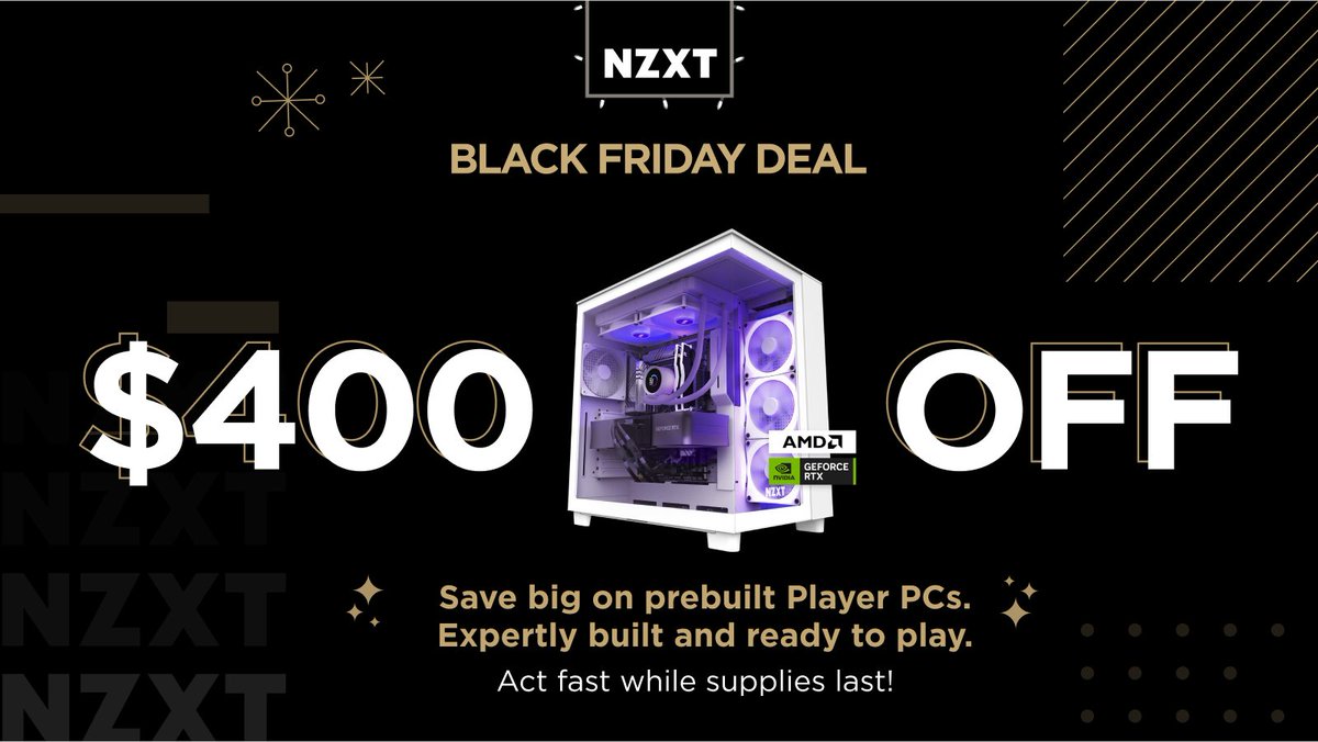 🚨 LIMITED TIME DEAL 🚨 

Get up to $400 off NZXT gaming PCs while supplies last!

GO GO GO: nzxt.co/bf2024 #BlackFriday