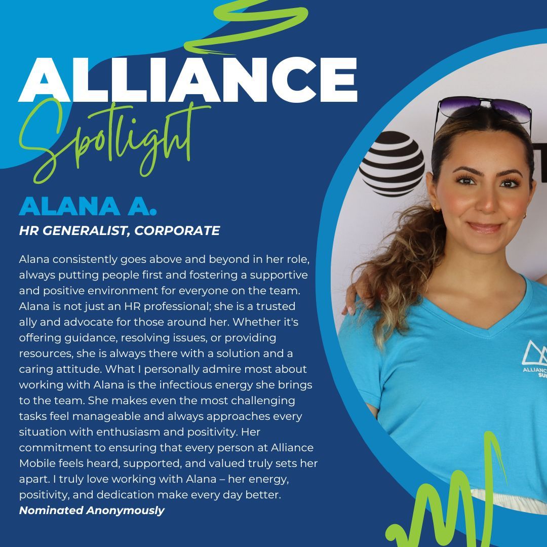 Today we shine the #AllianceSpotlight on Alana, our HR Generalist. Her nominator greatly enjoys working alongside Alana, recognizing her ability to approach every situation with enthusiasm and positivity. Thank you for all you do, Alana!