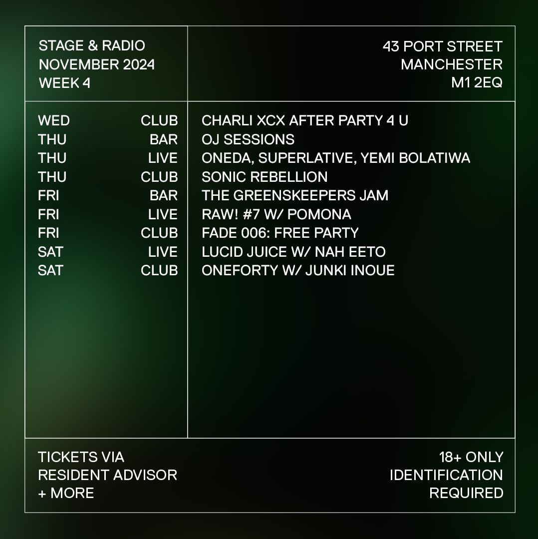 November Week 4 &gt;&gt;

This week brings you a double-decker Charli XCX after party, free jam sessions at the bar, and three underground live shows. Club nights run throughout the week. 

Tickets via RA, Skiddle + OTD - link in bio.

18+ / ID Required.