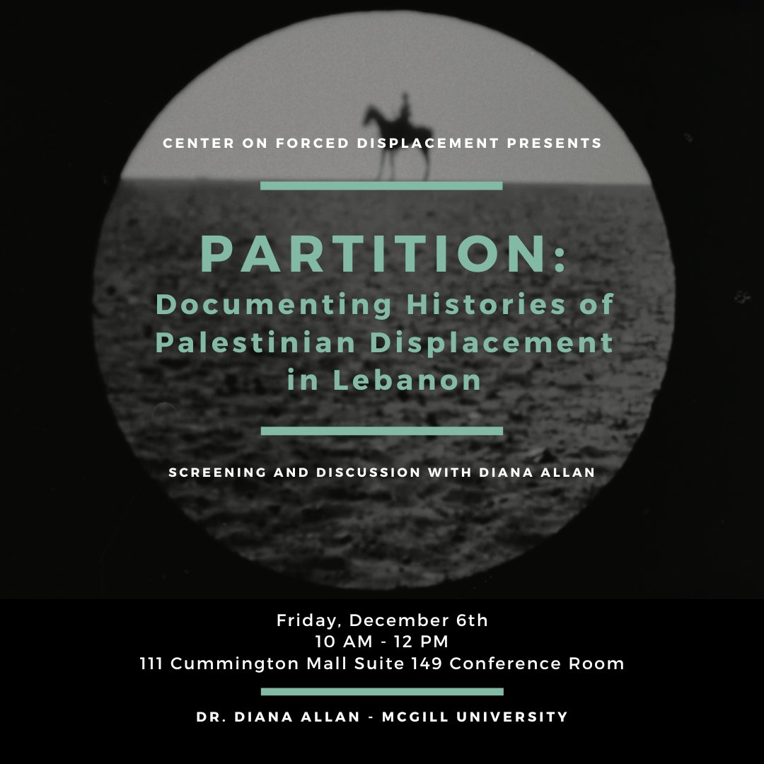 cfd_center's tweet image. Join us for a film screening and conversation with Dr. Diana Allan from McGill University. Register here: eventbrite.com/e/partition-do…

Partition brings together found footage from the British occupation of Palestine with audio recorded with Palestinian refugees in Lebanon.