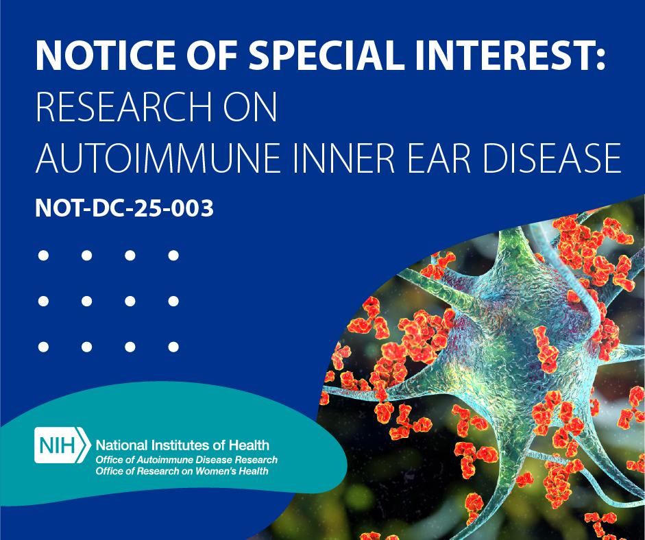 Check out this NOSI that will fund research to better understand #autoimmune inner ear disease, also known as autoimmune-associated sudden sensorineural #HearingLoss, published by @NIDCD with support from OADR-ORWH: grants.nih.gov/grants/guide/n…