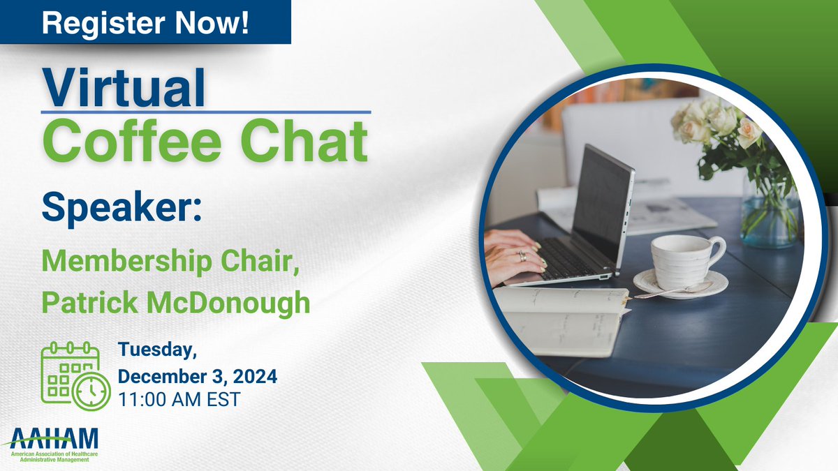 Warm up with the AAHAM Membership Committee during our virtual Coffee Chat on December 3rd!

Please join our Membership Chair, Patrick McDonough, for a recap of ANI and a presentation on current revenue cycle challenges. 

Click here to register: ow.ly/6YKt50U5hti